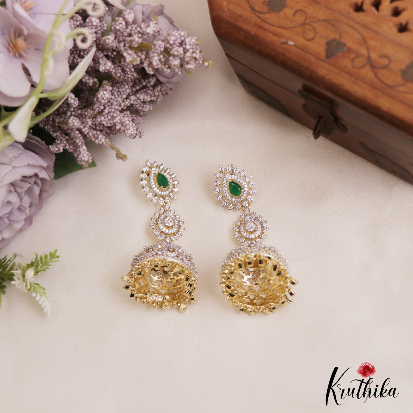 Gorgeous Teardrop Motifs CZ Victorian Jhumkas E1122 (Available In 3 Colors)