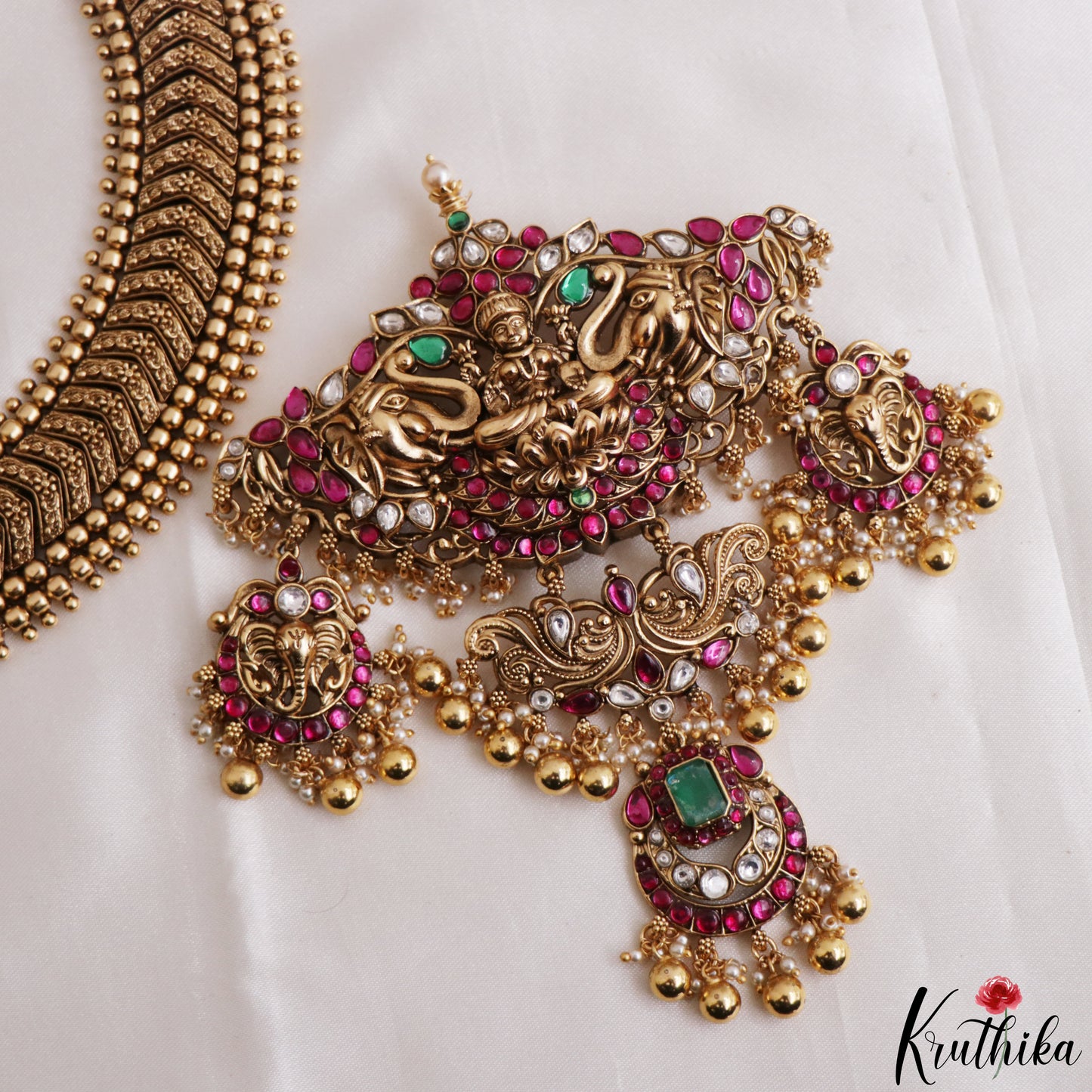 Grand 24K Gold-Inspired Antique Nagas Lakshmi Elephant Motifs Jadau Haaram LH2216 (Detachable Pendant)