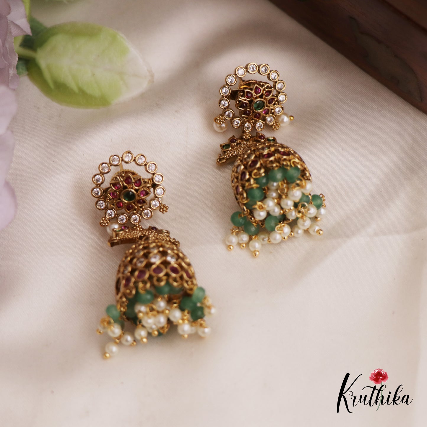 Gorgeous Floral Peacock Motifs Jadau Jhumka With Bead Drops E1000 (Available In 2 Colors)