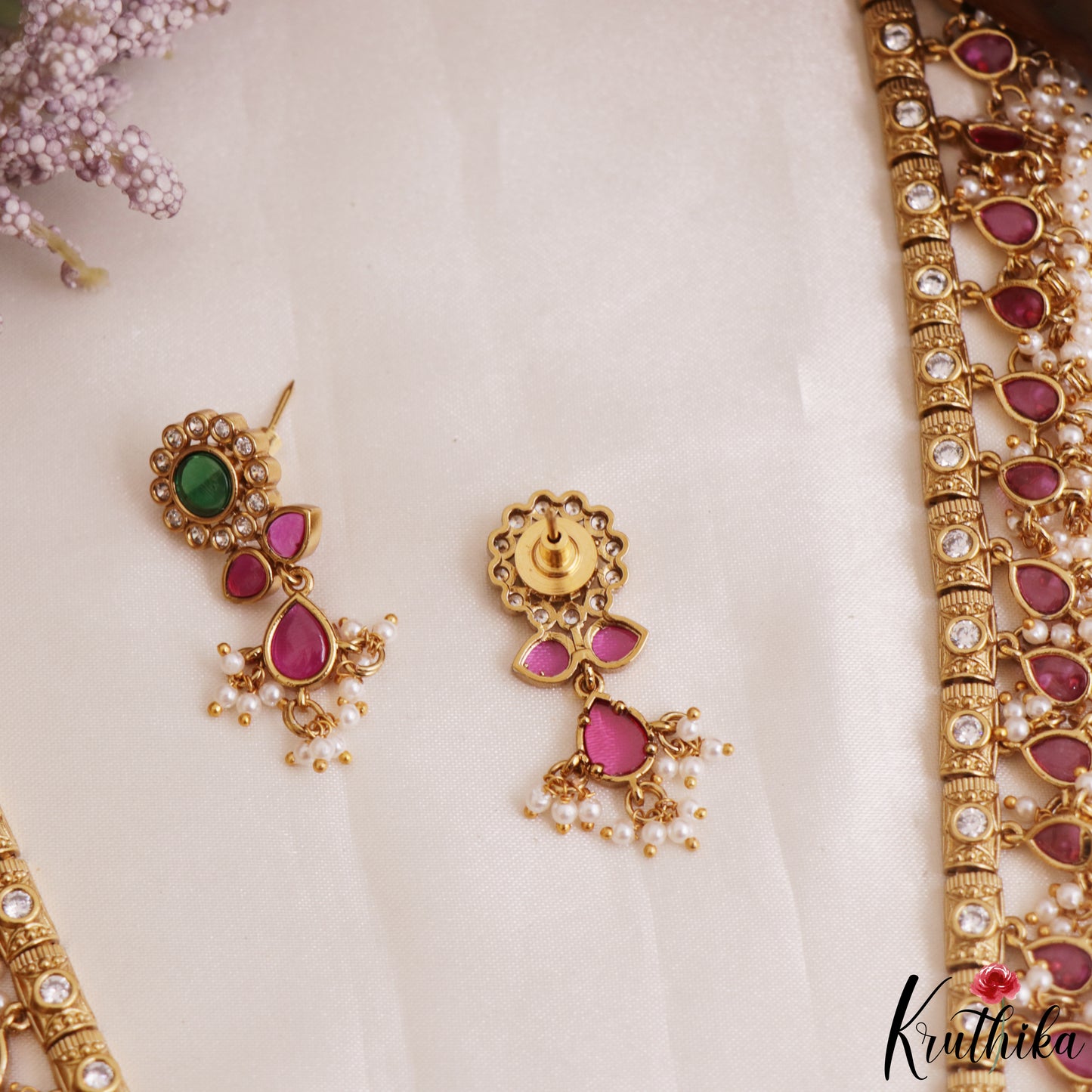 Trendy Floral Teardrop Motifs Kemp Haaram With Pearl Drops LH2174
