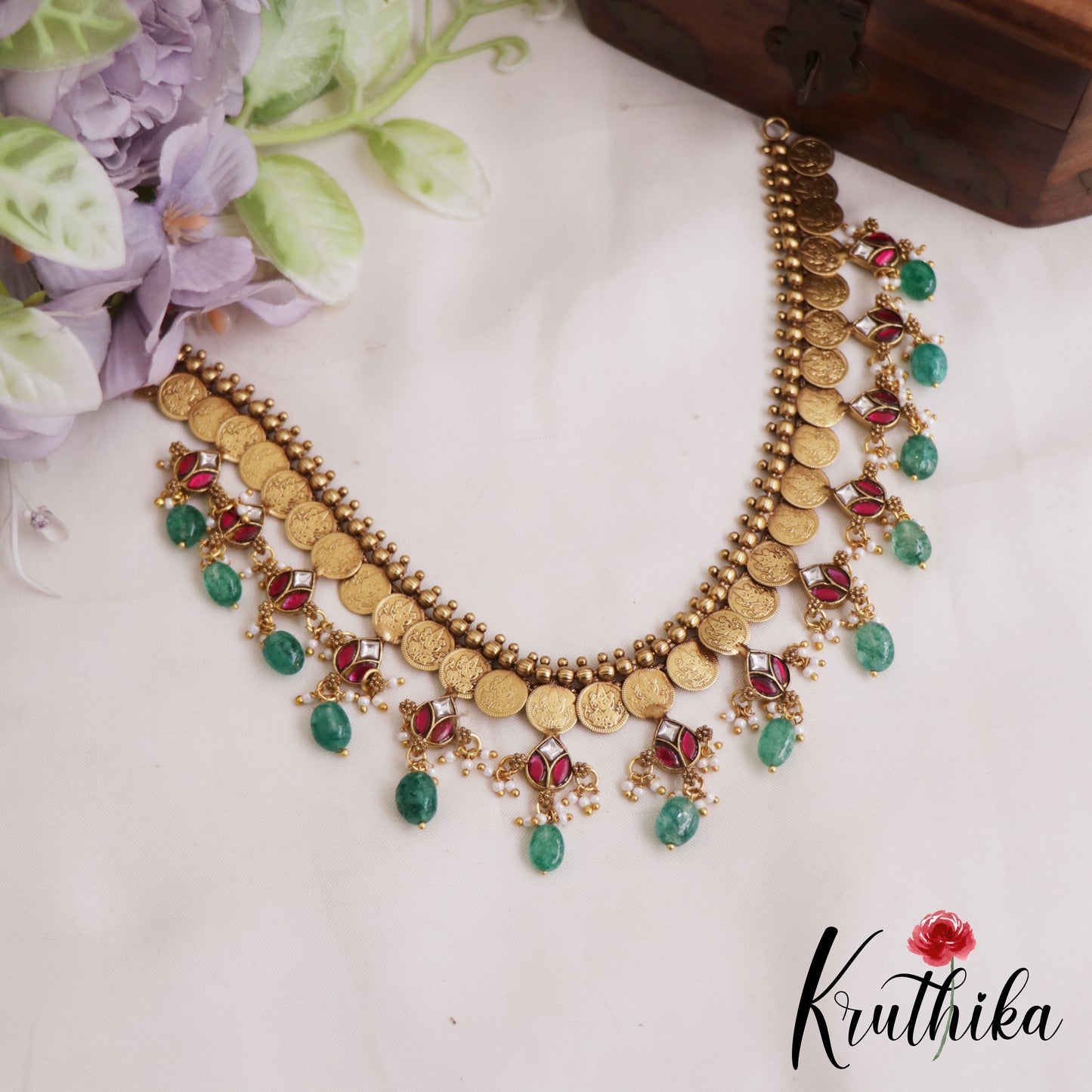 Classic Antique Lakshmi Kasu Jadau Necklace With Green Bead Drops NC2880