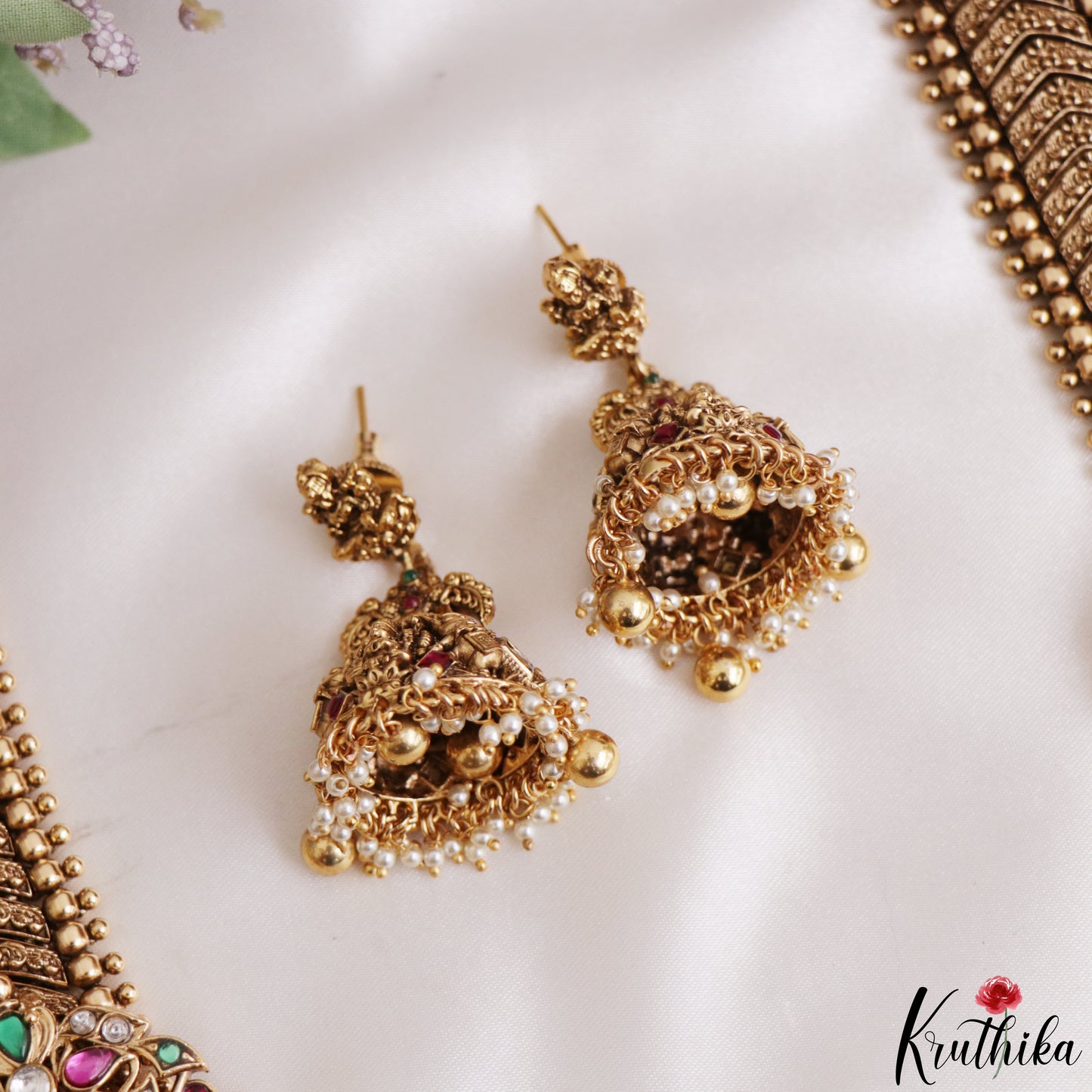 Grand 24K Gold-Inspired Antique Nagas Lakshmi Elephant Motifs Jadau Haaram LH2216 (Detachable Pendant)