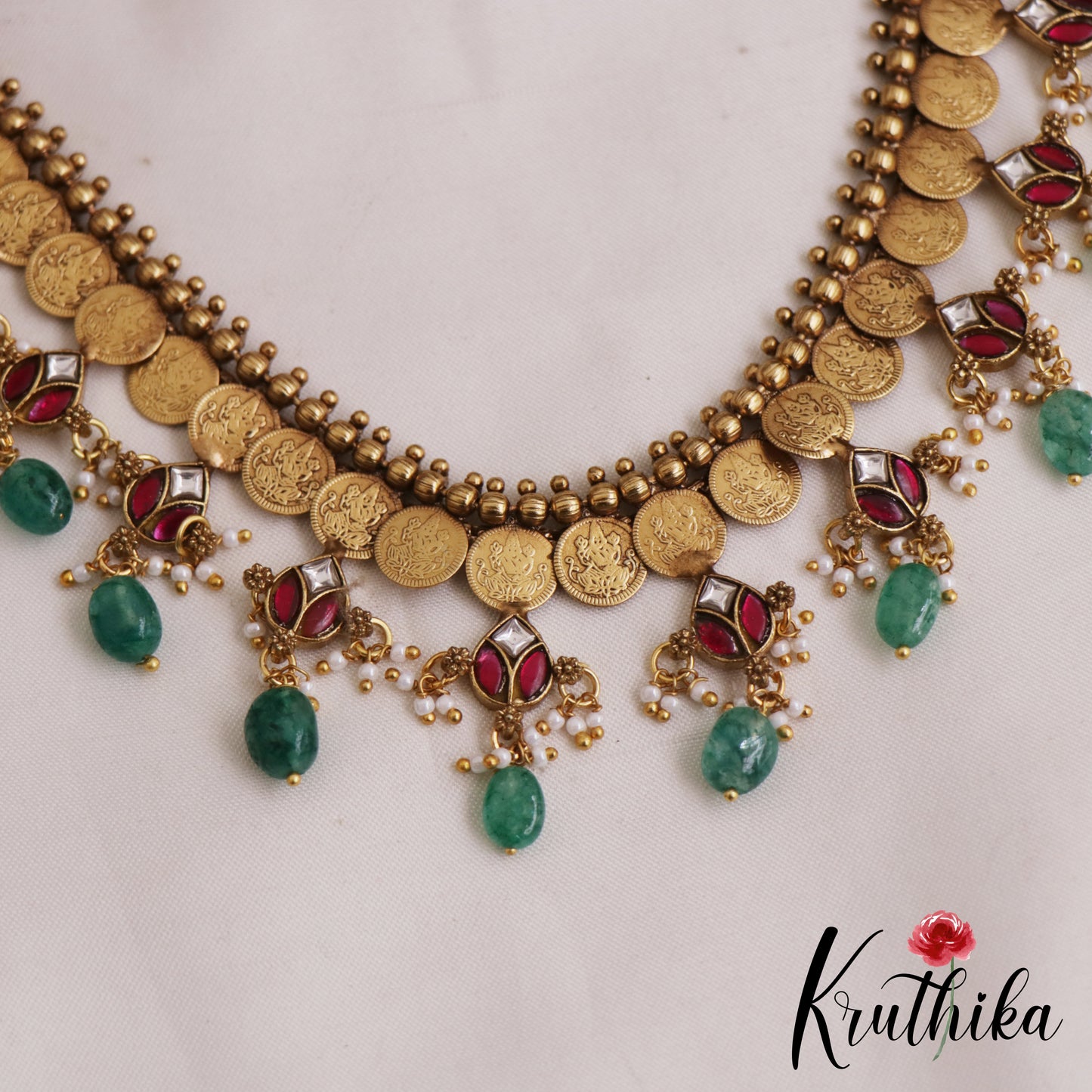 Classic Antique Lakshmi Kasu Jadau Necklace With Green Bead Drops NC2880