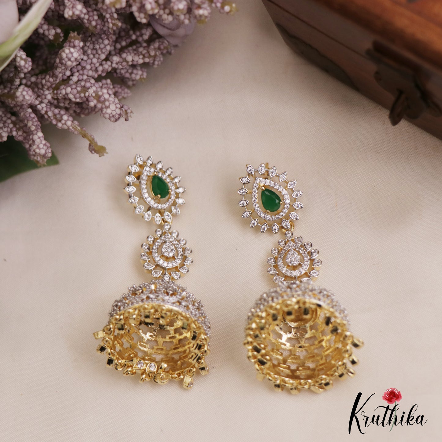 Gorgeous Teardrop Motifs CZ Victorian Jhumkas E1122 (Available In 3 Colors)