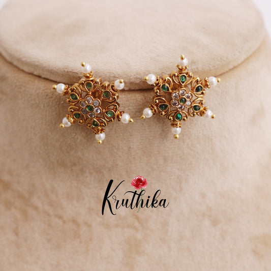 Elegant Antique Floral Chakra Pearl Earstuds E692 (Available in 3 Colors)