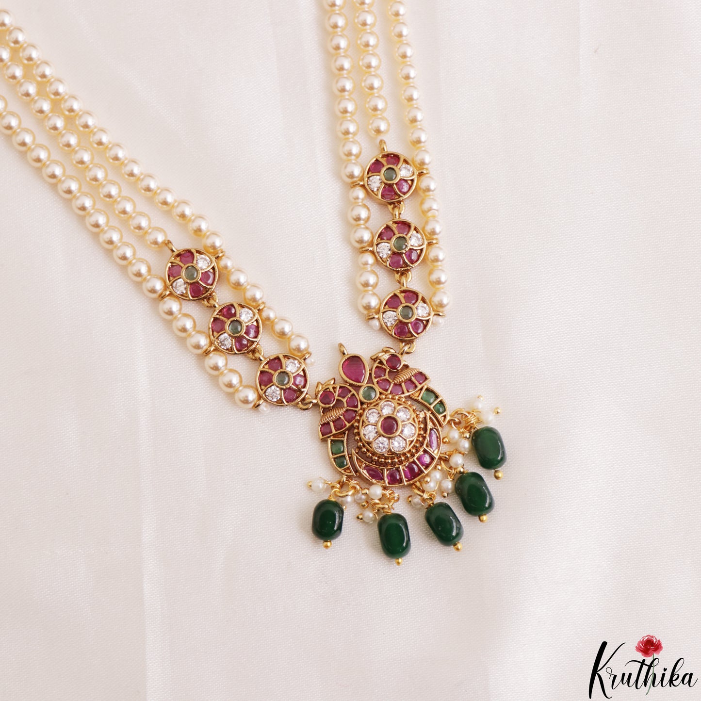Classic Multi Strand Pearl Chain With Kemp Peacock Pendant LH2194 (Available In 2 Colors)