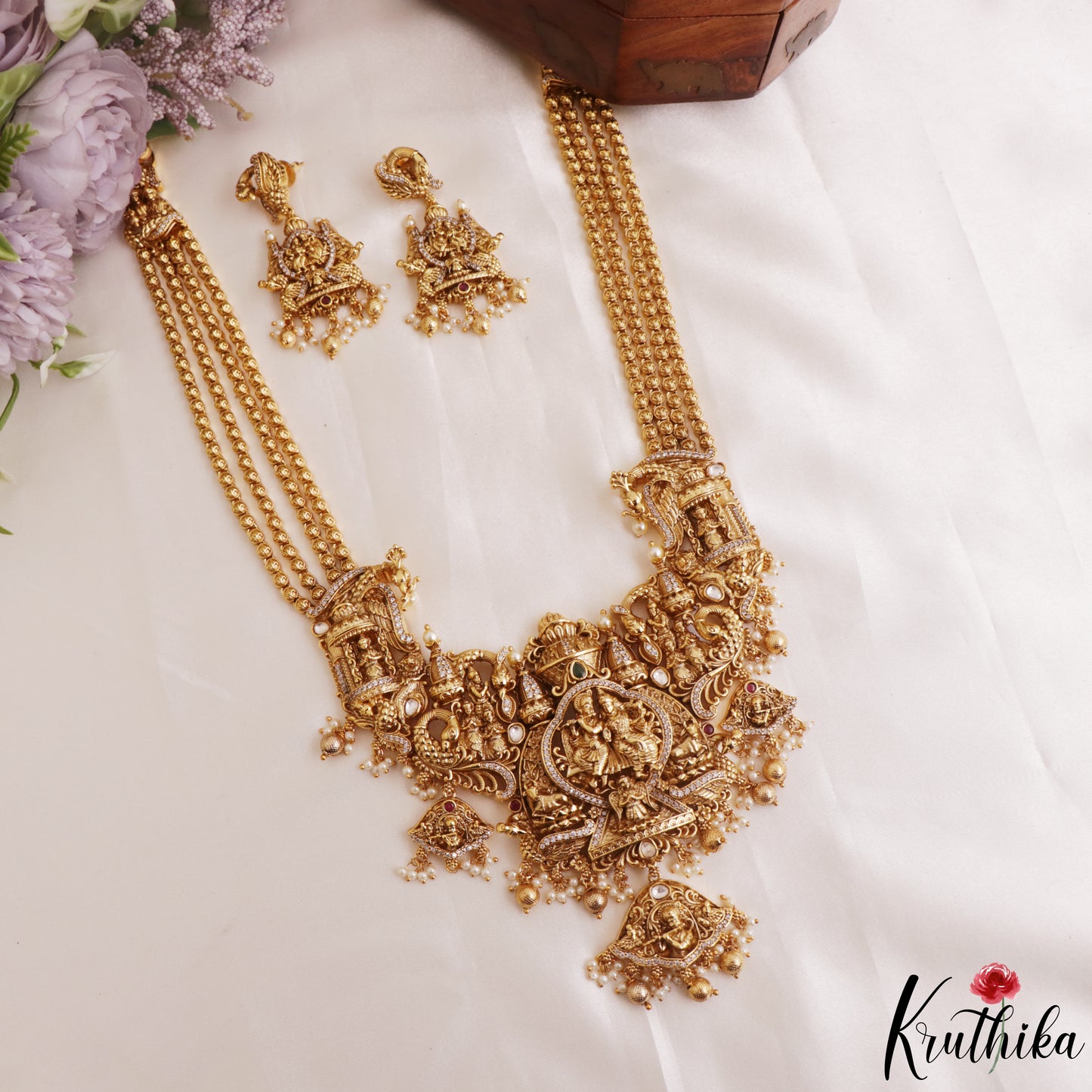 Grand Antique Nagas Radha Krishna Motifs Temple Haaram With Golden Bead Drops LH2178