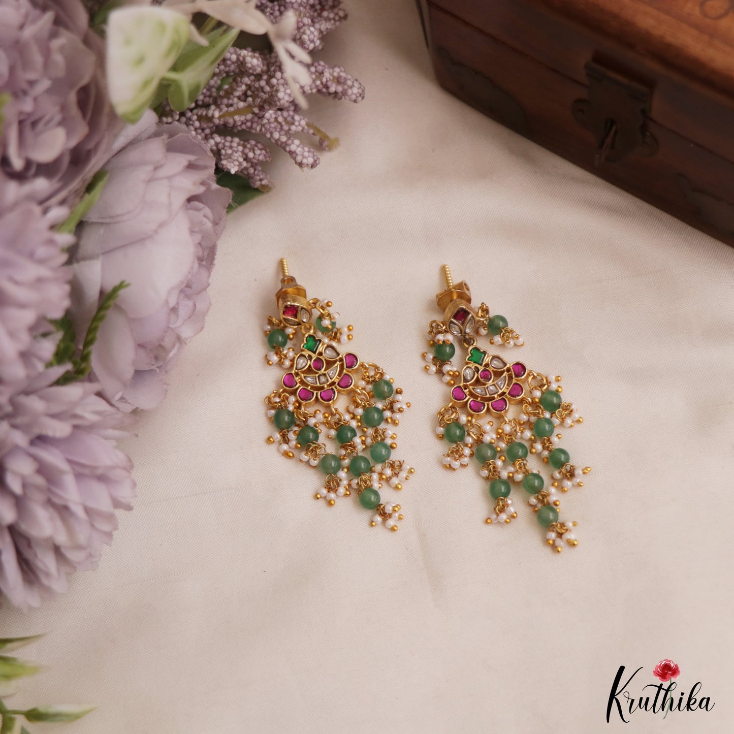 Pretty Floral Motifs Jadau Earrings With Green Bead Drops E1149