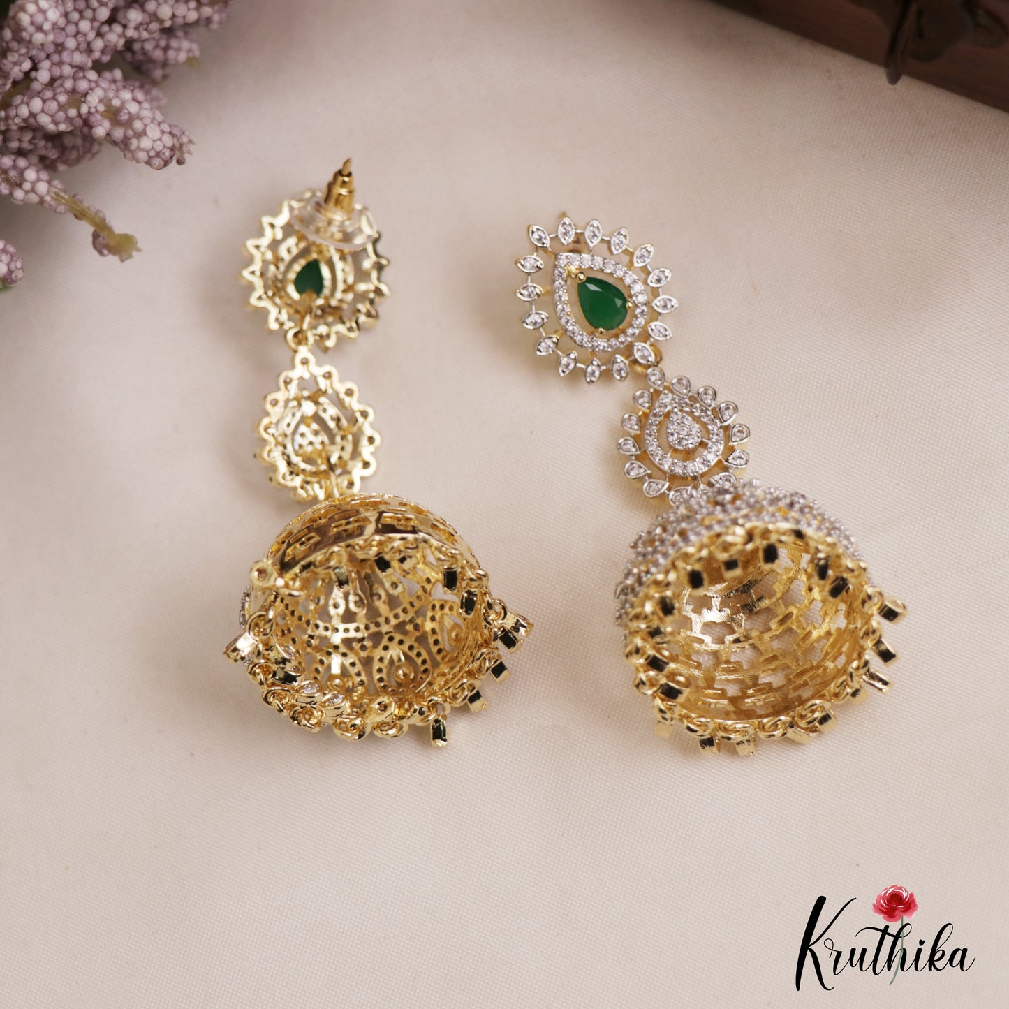 Gorgeous Teardrop Motifs CZ Victorian Jhumkas E1122 (Available In 3 Colors)