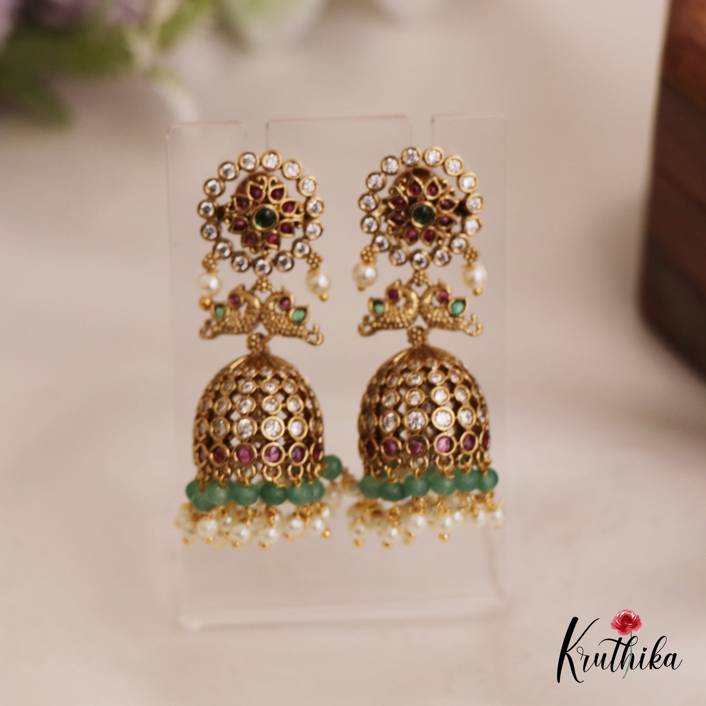 Gorgeous Floral Peacock Motifs Jadau Jhumka With Bead Drops E1000 (Available In 2 Colors)