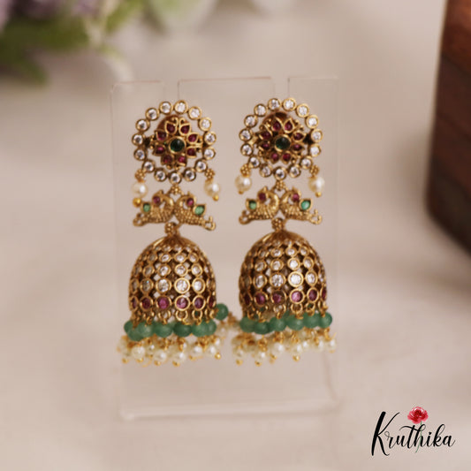 Gorgeous Floral Peacock Motifs Jadau Jhumka With Bead Drops E1000 (Available In 2 Colors)