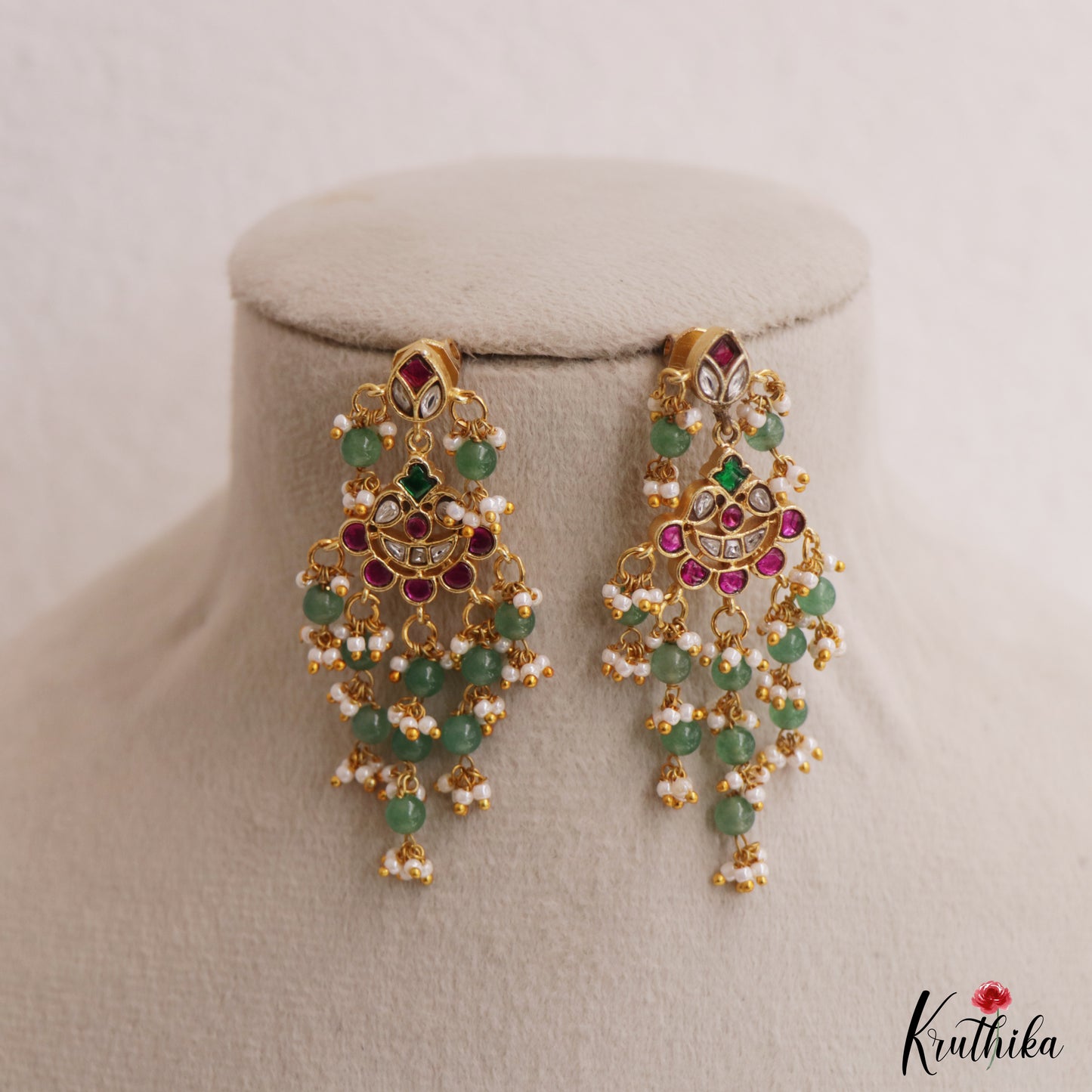 Pretty Floral Motifs Jadau Earrings With Green Bead Drops E1149