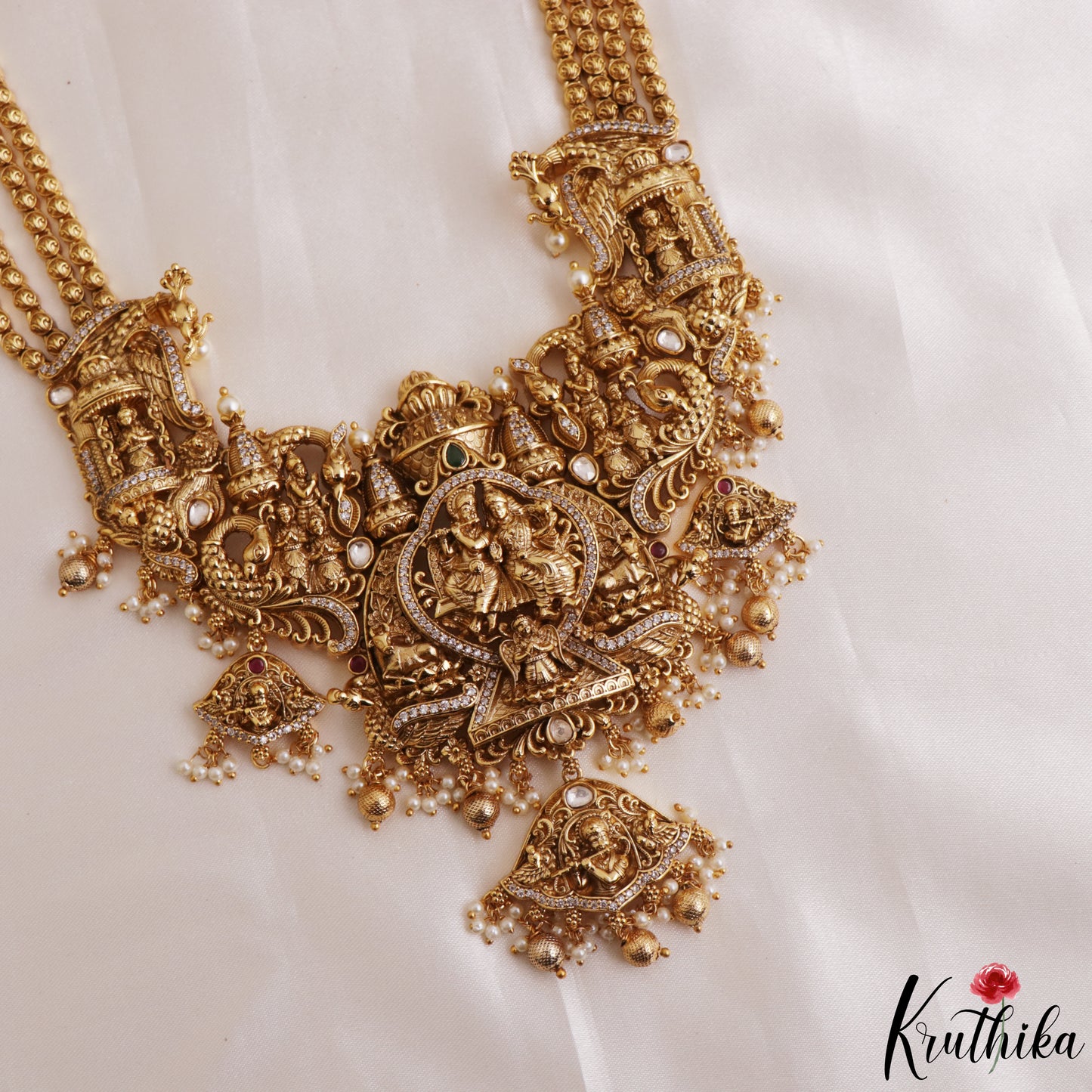 Grand Antique Nagas Radha Krishna Motifs Temple Haaram With Golden Bead Drops LH2178