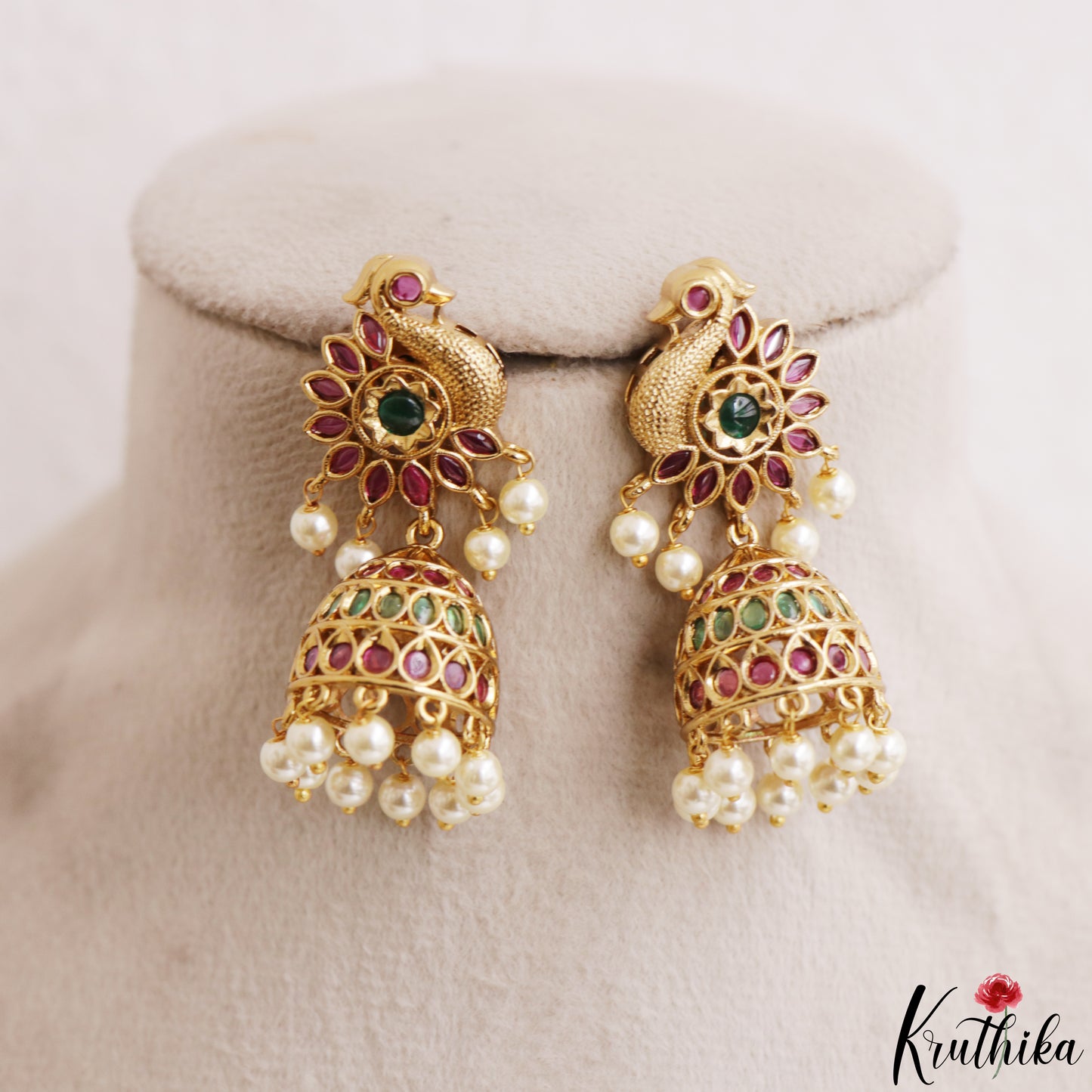 Classic Peacock Motifs Jhumkas With Pearl Drops E1214 (Available In 2 Colors)