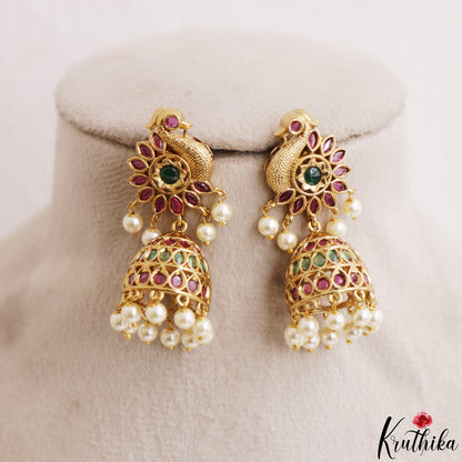 Classic Peacock Motifs Jhumkas With Pearl Drops E1214 (Available In 2 Colors)