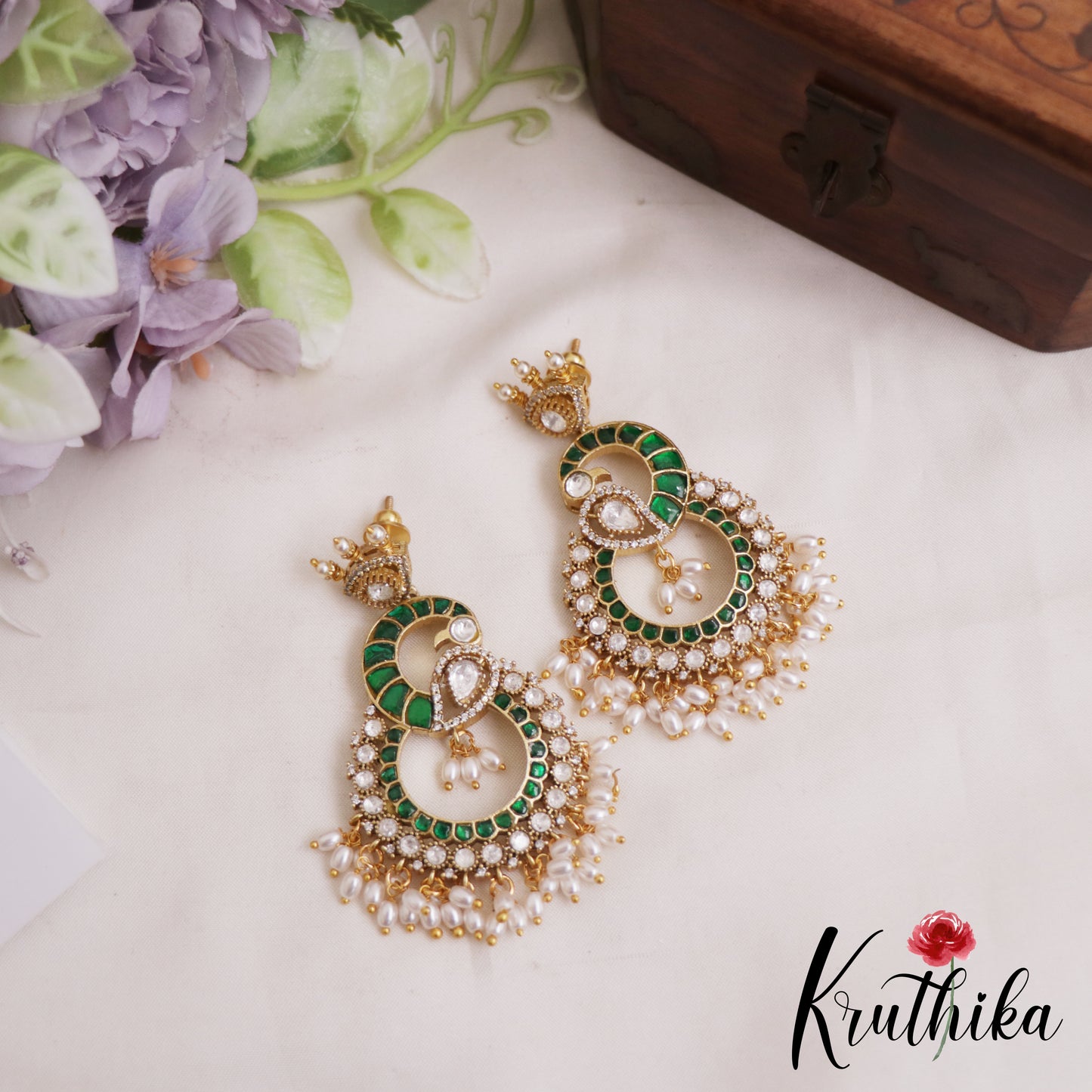 Stunning Peacock Motifs Jadau Earrings With Pearl Drops E1062 (Available In 2 Colors)