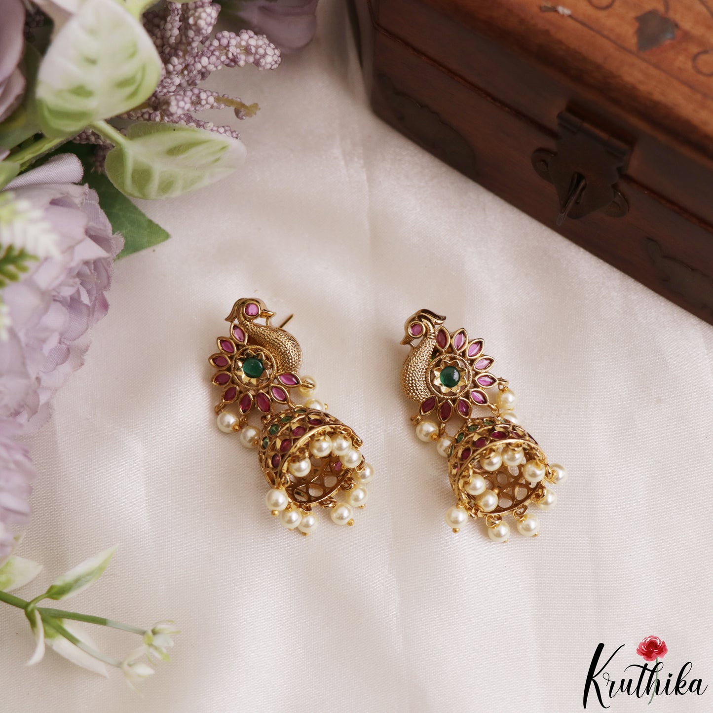 Classic Peacock Motifs Jhumkas With Pearl Drops E1214 (Available In 2 Colors)
