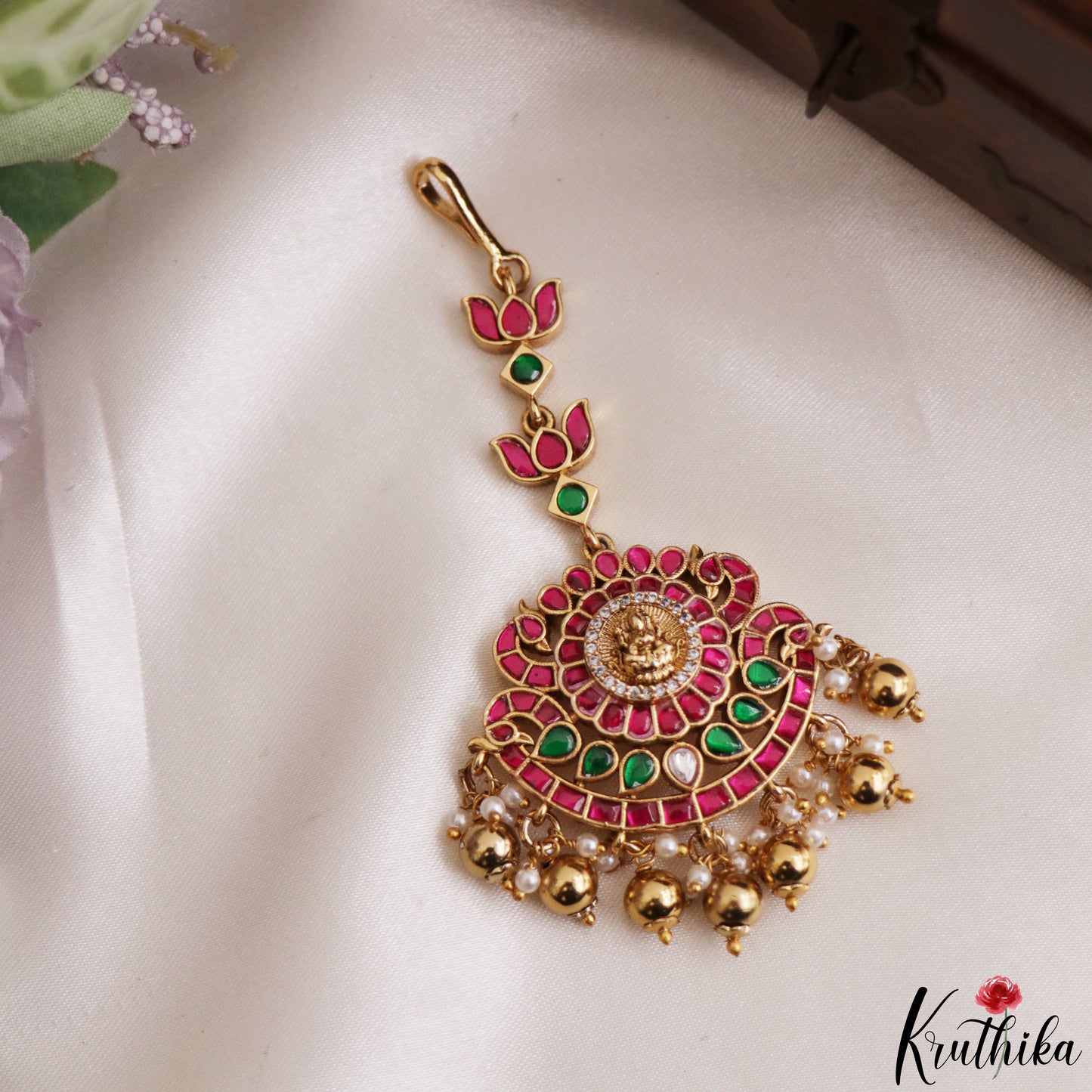 Premium Antique Lakshmi Peacock Motifs Jadau Maang Tikka With Golden Bead Drops MT403