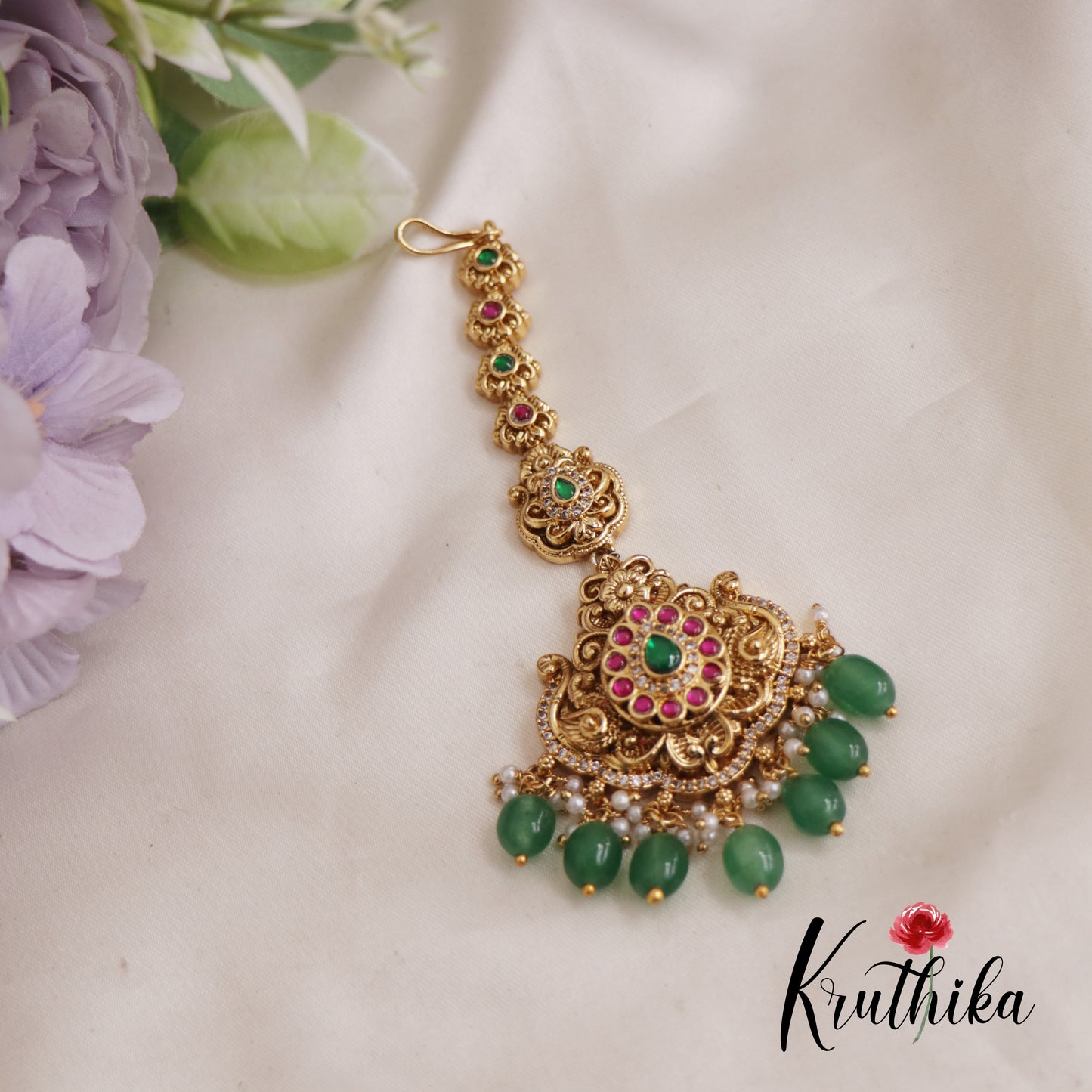 Classic Teardrop Motifs Jadau Maangh Tikka With Pearl And Bead Drops MT316 (Available In 2 Colors)