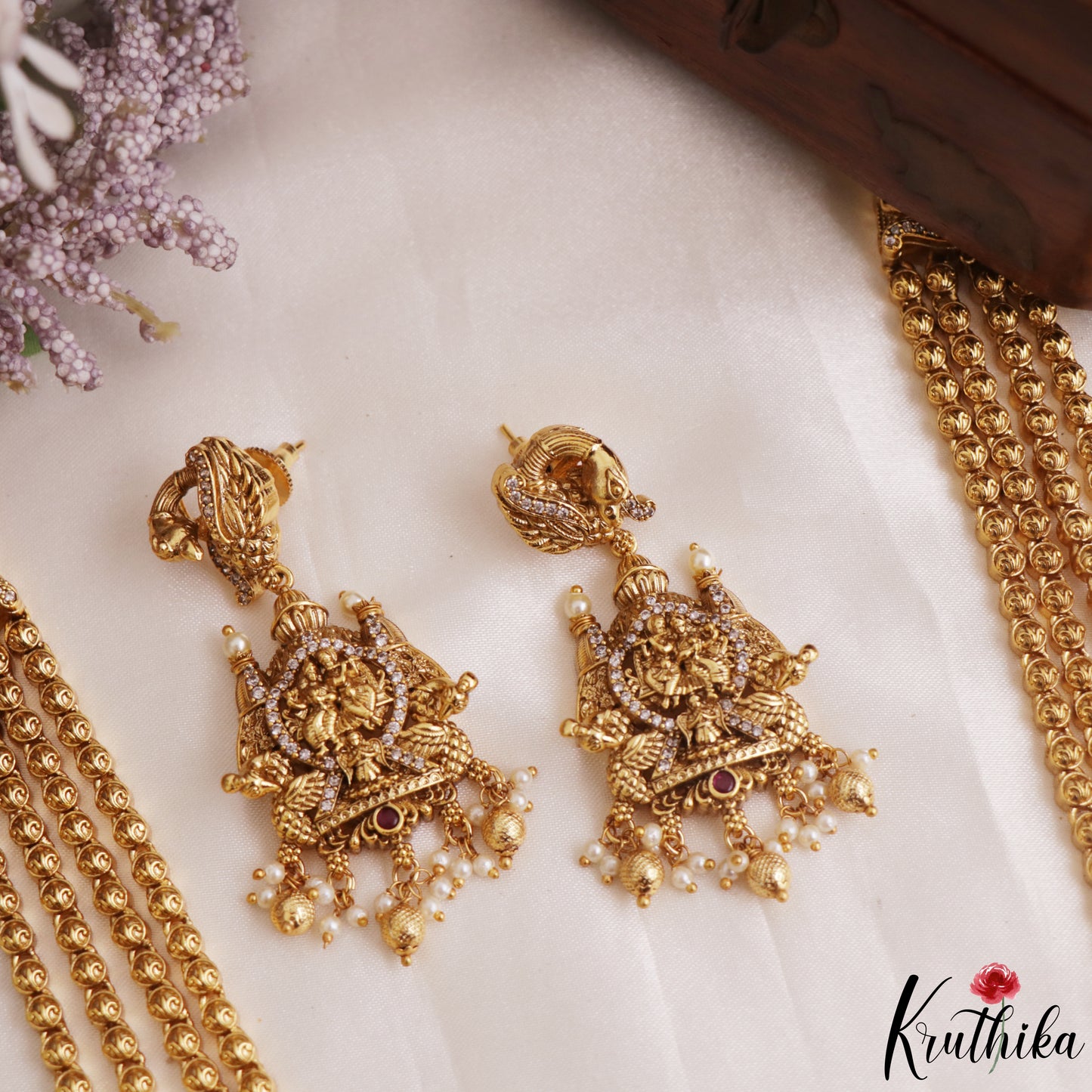 Grand Antique Nagas Radha Krishna Motifs Temple Haaram With Golden Bead Drops LH2178