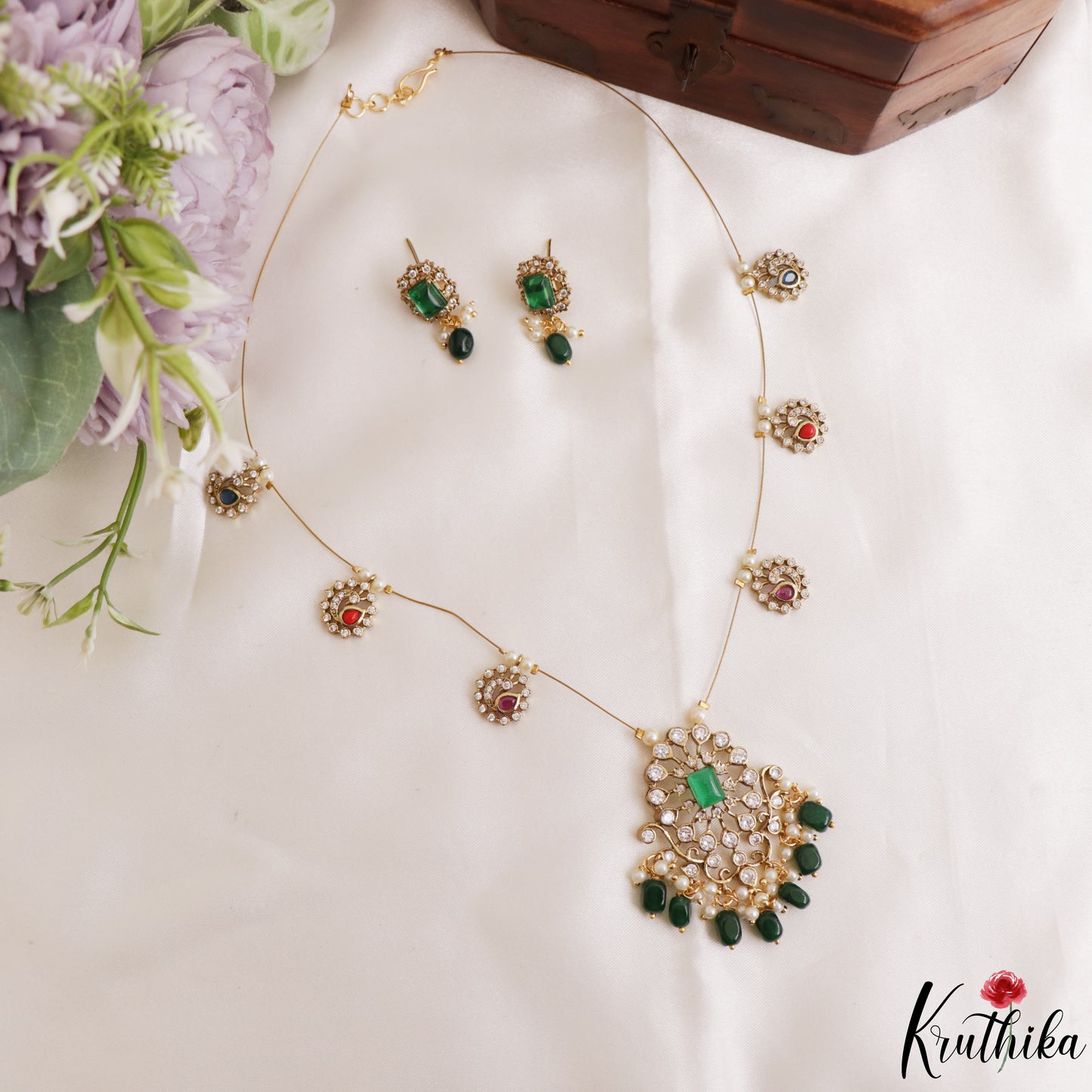 Trendy Floral Peacock Motifs CZ Invisible Chain With Green Bead Drops NC3249 (Available In 3 Colors)