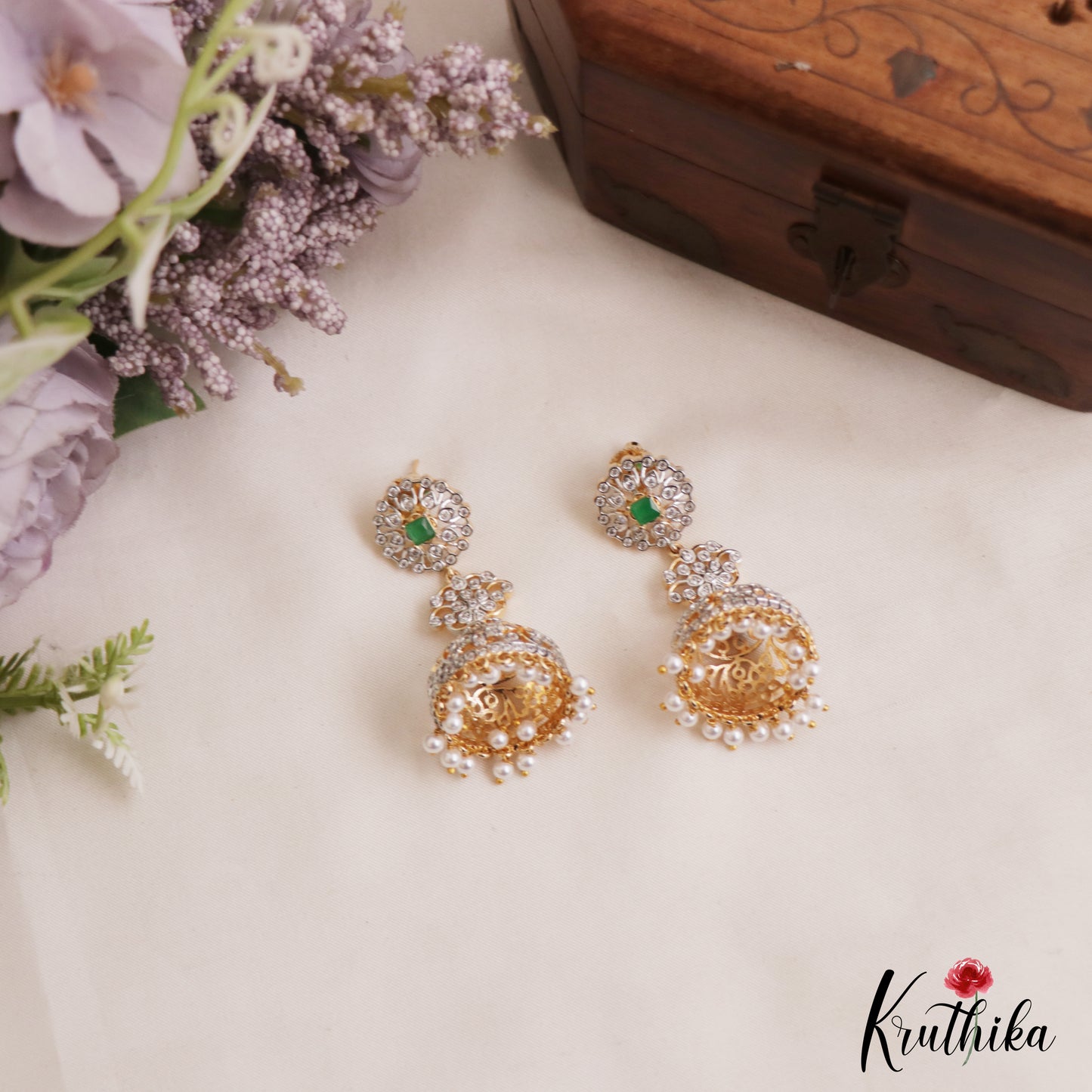 Elegant Floral Motifs AD Jhumkas With Pearl Drops E1098 (Available In 3 Colors)