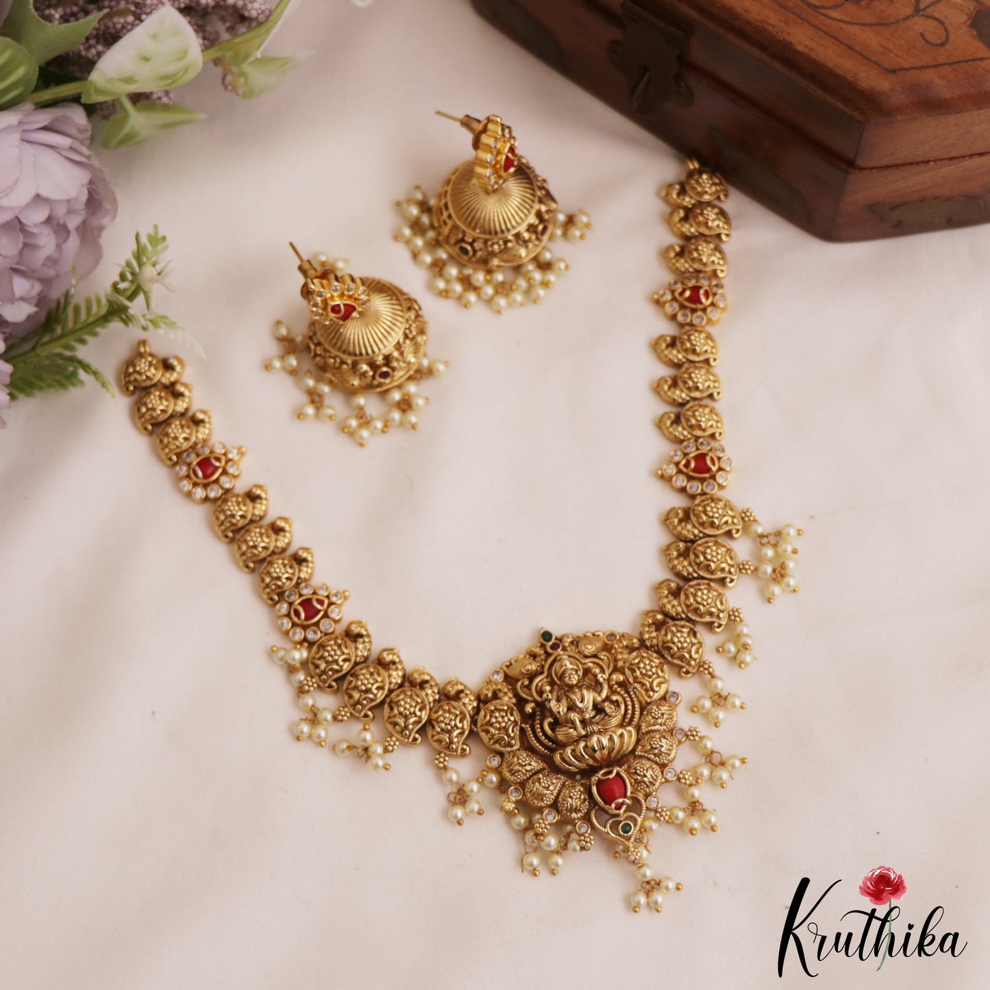 Premium Antique Nagas Lakshmi Peacock Motifs Necklace With Pearl Drops NC2958
