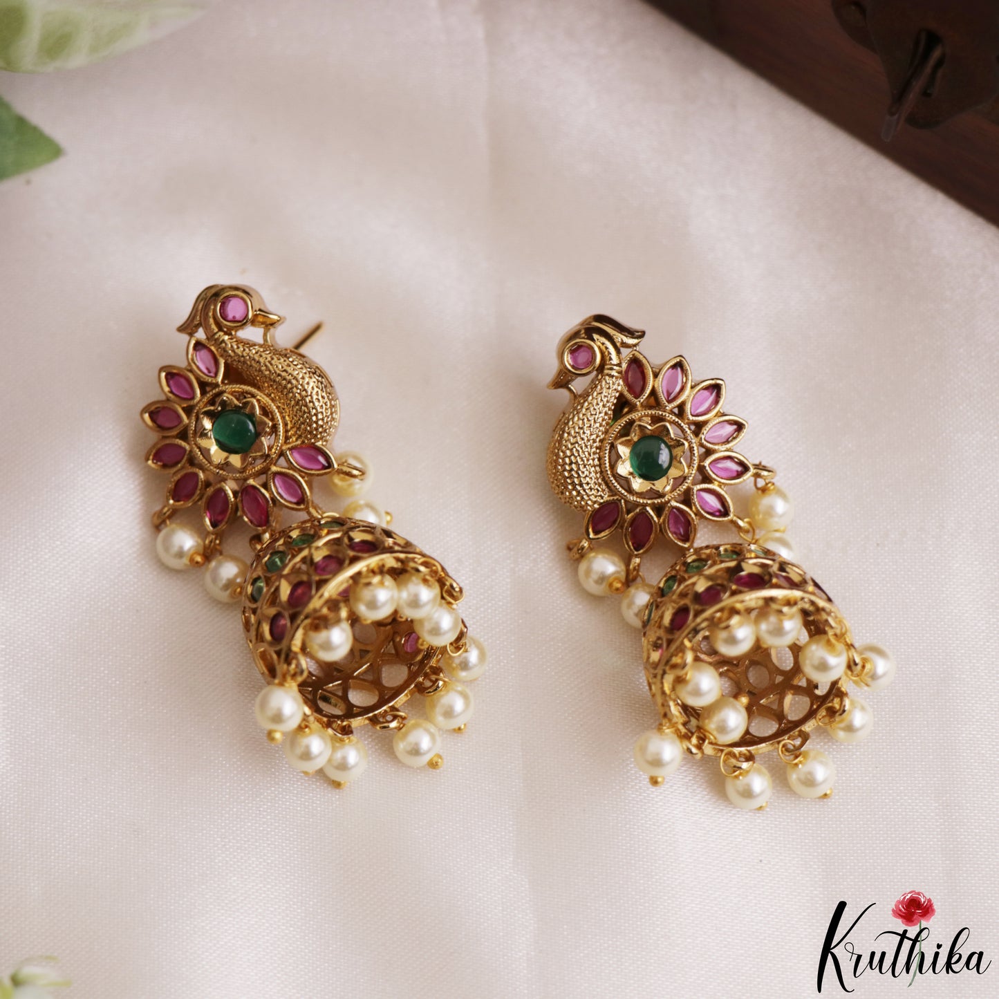 Classic Peacock Motifs Jhumkas With Pearl Drops E1214 (Available In 2 Colors)