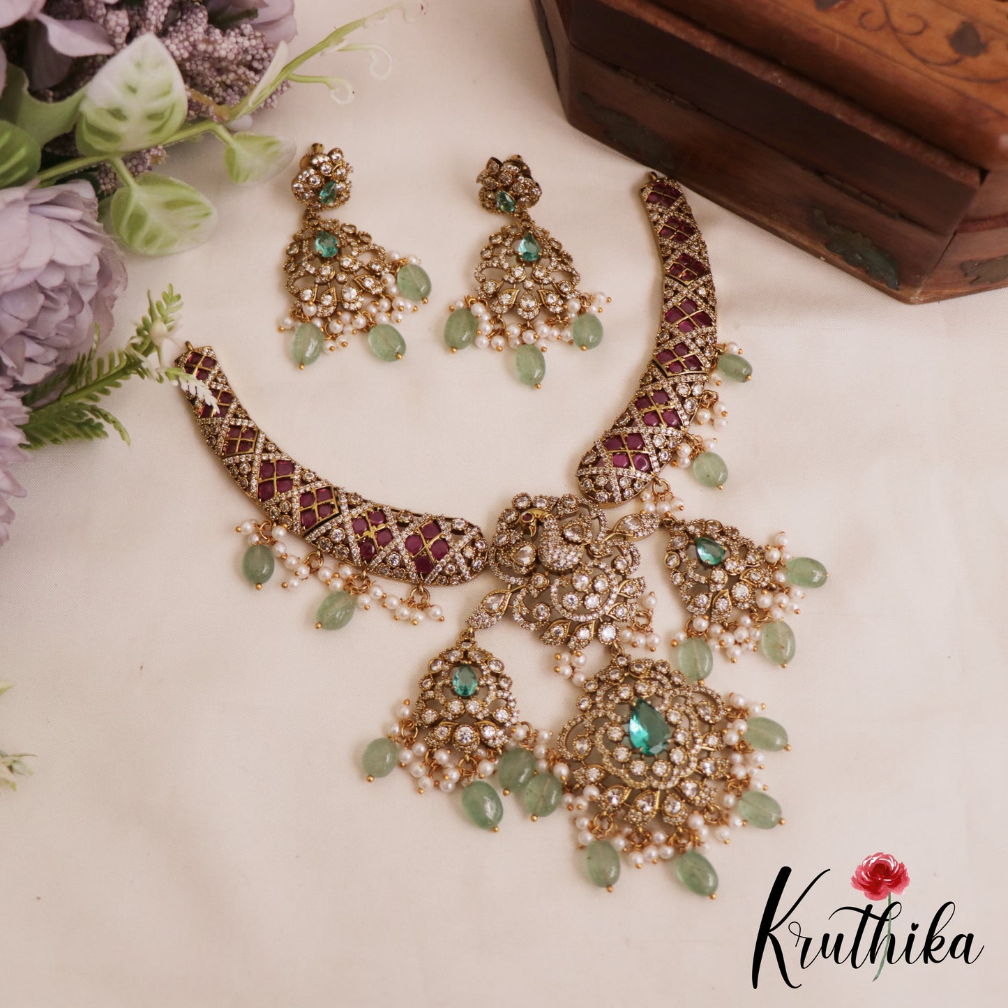 Stunning Peacock Teardrop Motifs AD Victorian Choker With Green Bead Drops NC2822
