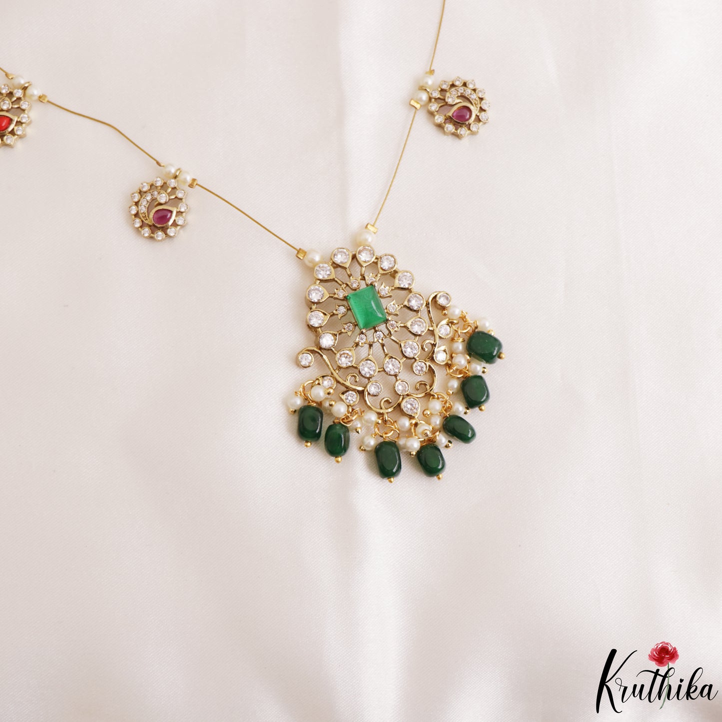 Trendy Floral Peacock Motifs CZ Invisible Chain With Green Bead Drops NC3249 (Available In 3 Colors)