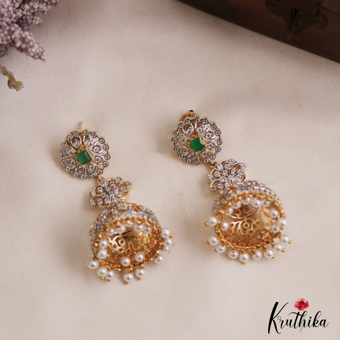 Elegant Floral Motifs AD Jhumkas With Pearl Drops E1098 (Available In 3 Colors)