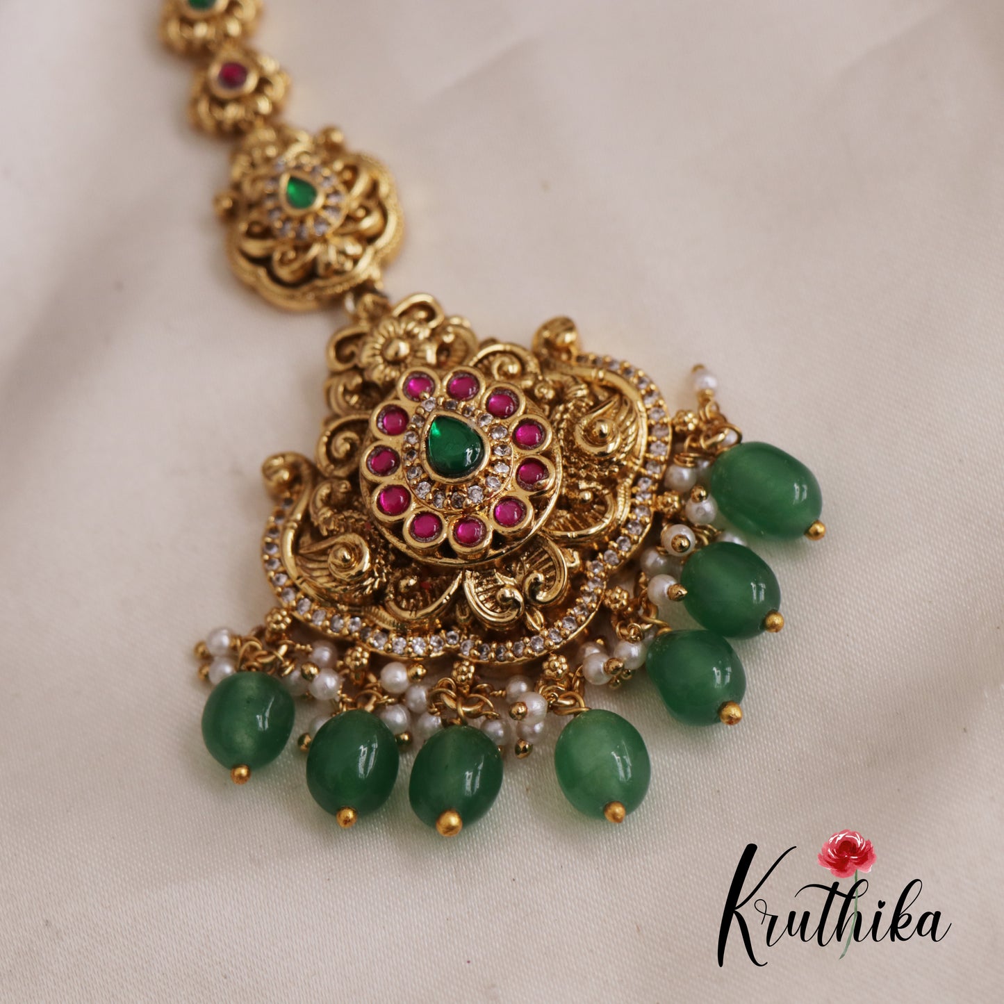 Classic Teardrop Motifs Jadau Maangh Tikka With Pearl And Bead Drops MT316 (Available In 2 Colors)