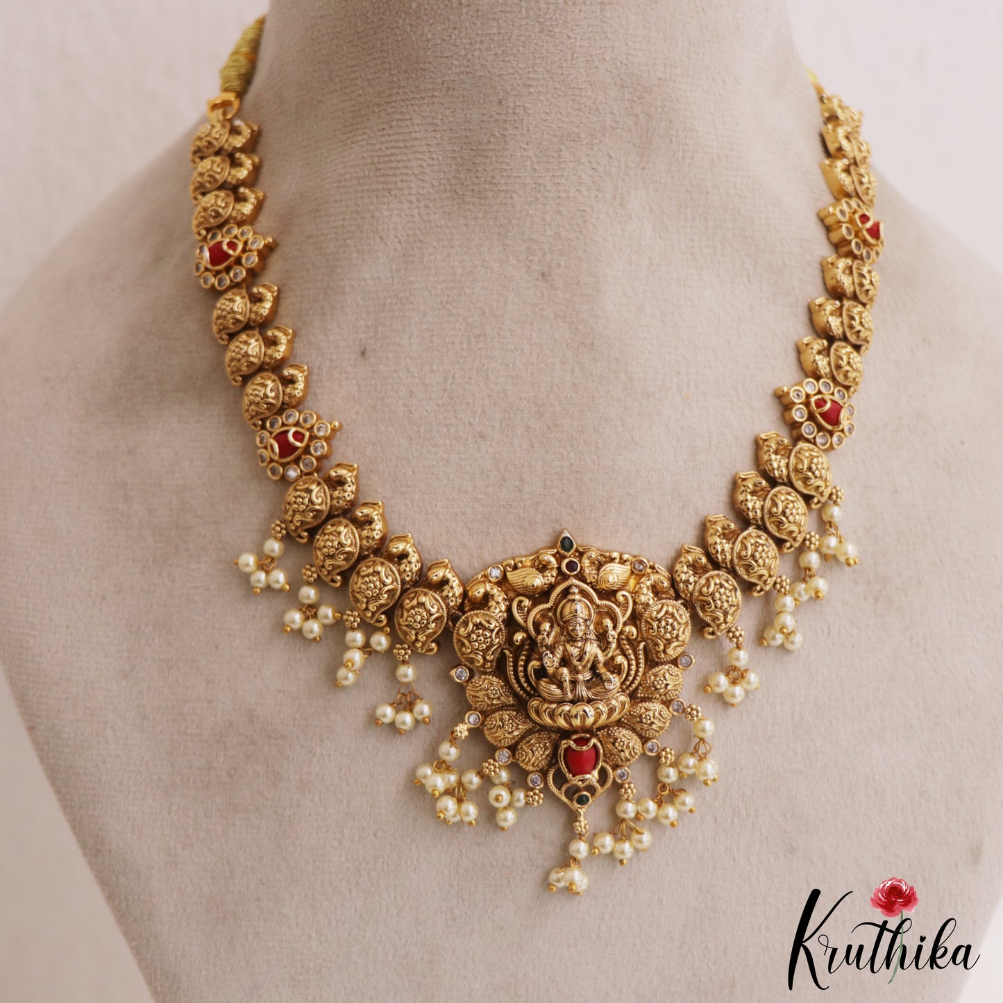 Premium Antique Nagas Lakshmi Peacock Motifs Necklace With Pearl Drops NC2958