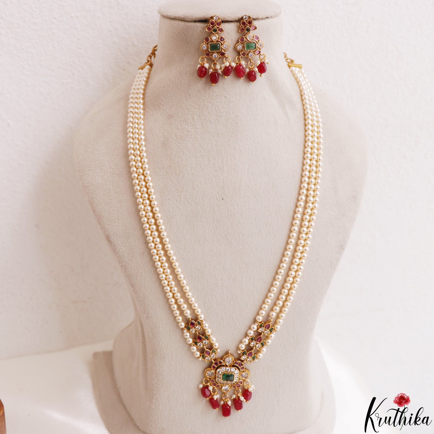 Elegant Multi Strand Pearl Chain With Kemp Square Teardrop Motifs Pendant LH2195 (Available In 3 Colors)