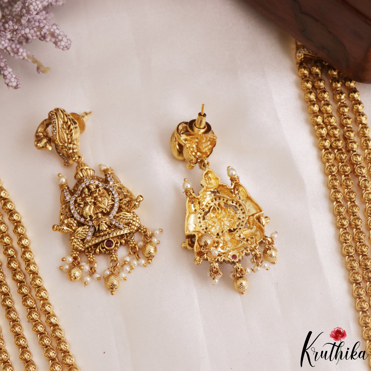Grand Antique Nagas Radha Krishna Motifs Temple Haaram With Golden Bead Drops LH2178