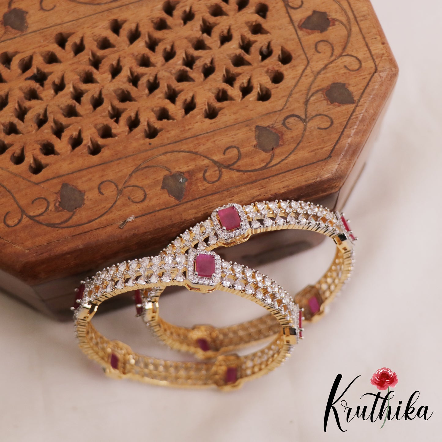 Sparkling Diamond-Finish Gold-Tone AD Bangles B526 (Set of 2)|(Available In 2 Colors)