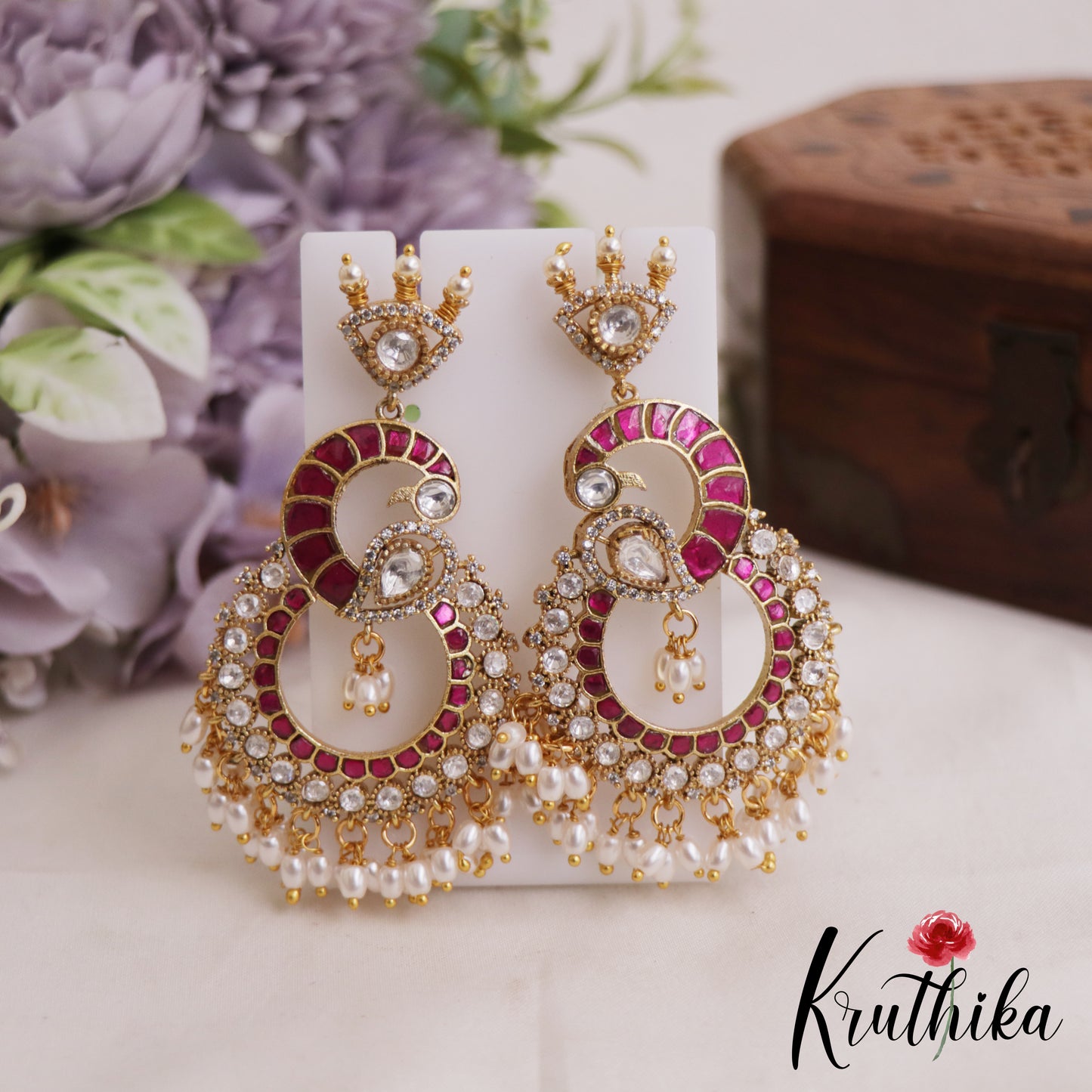 Stunning Peacock Motifs Jadau Earrings With Pearl Drops E1062 (Available In 2 Colors)