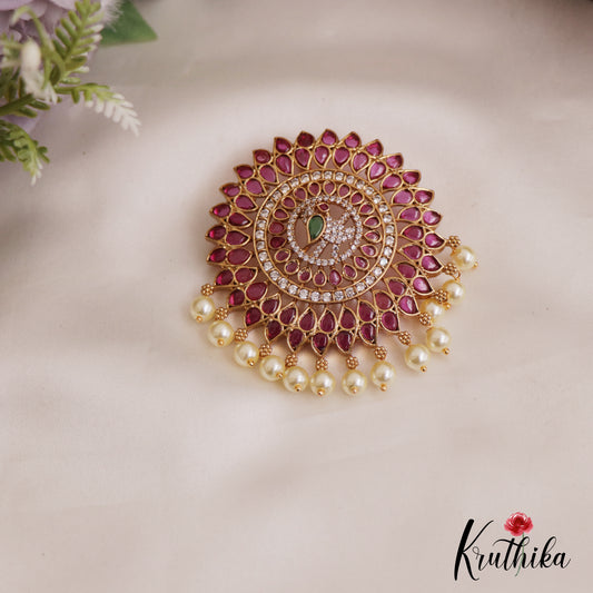 Beautiful Peacock Teardrop Motifs Kemp Pendant Set With Pearl Drops PS273