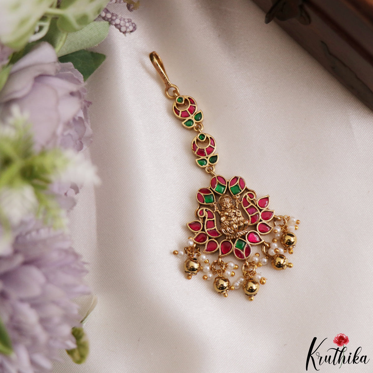 Elegant Antique Lakshmi Motifs Jadau Maang Tikka With Golden Bead Drops MT404 (Available In 4 Colors)