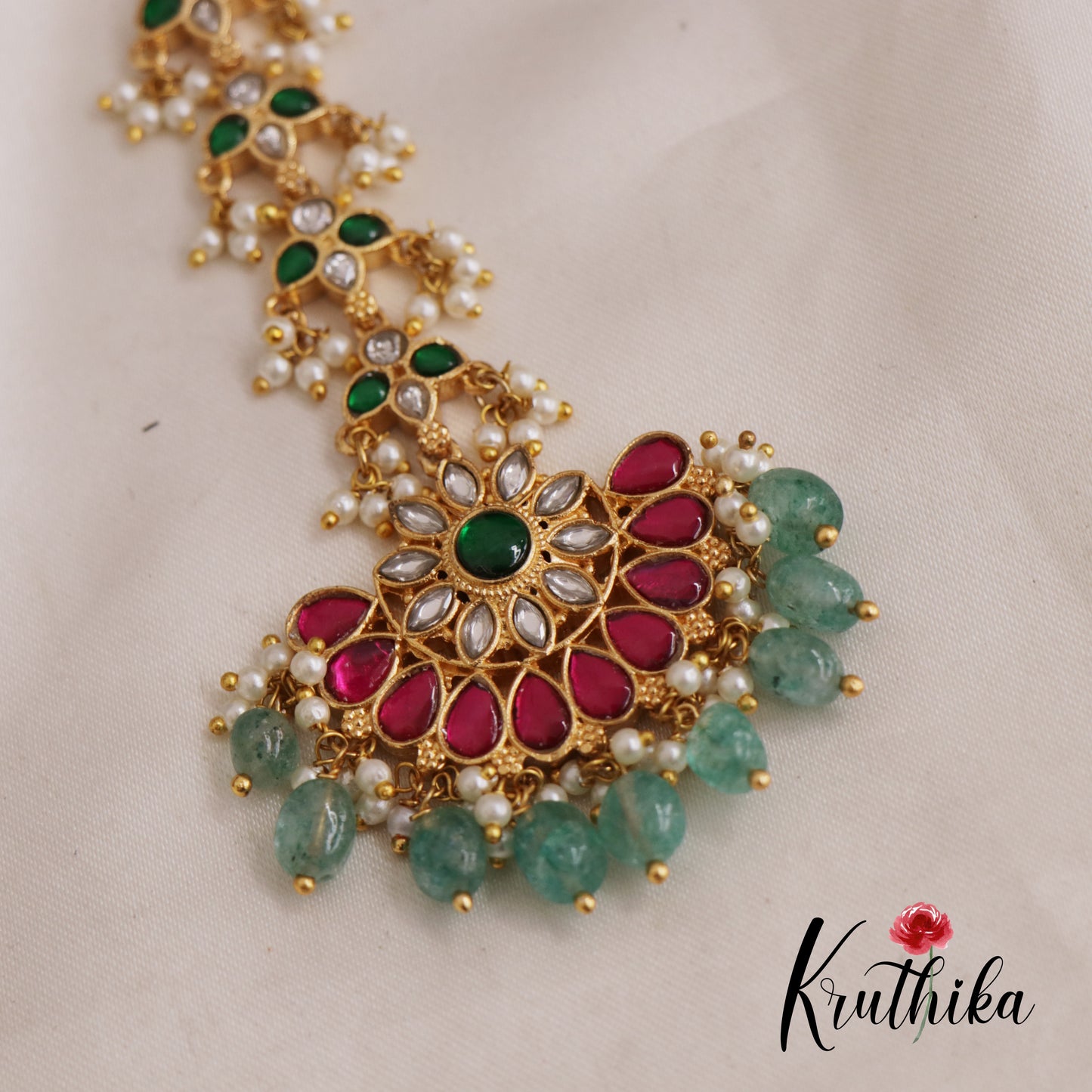Gorgeous Floral Jadau Maang Tikka With Bead And Pearl Drops MT317