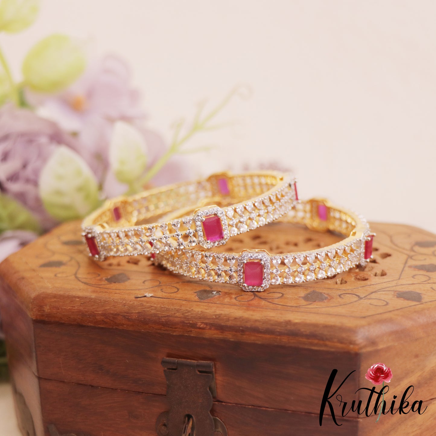 Sparkling Diamond-Finish Gold-Tone AD Bangles B526 (Set of 2)|(Available In 2 Colors)
