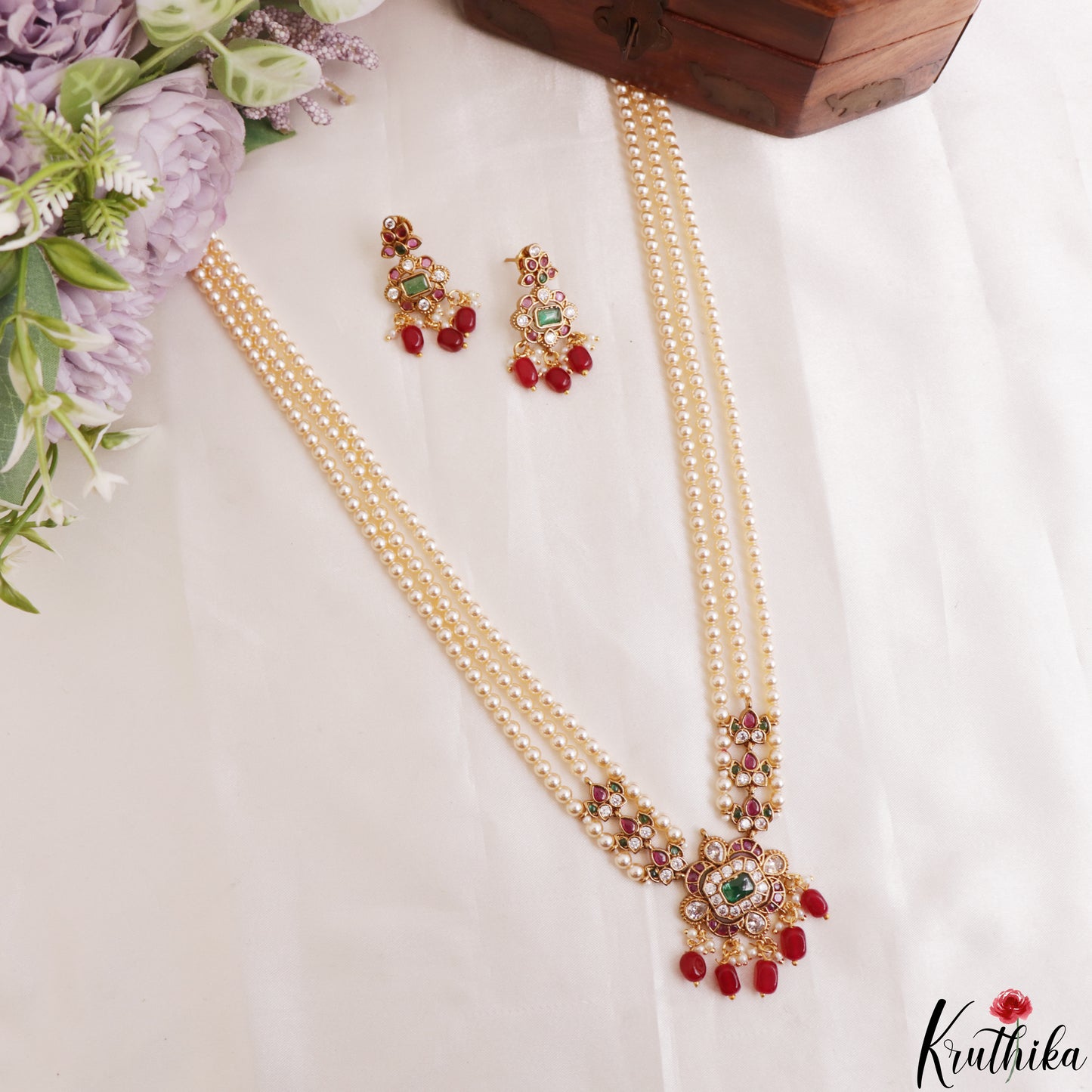 Elegant Multi Strand Pearl Chain With Kemp Square Teardrop Motifs Pendant LH2195 (Available In 3 Colors)