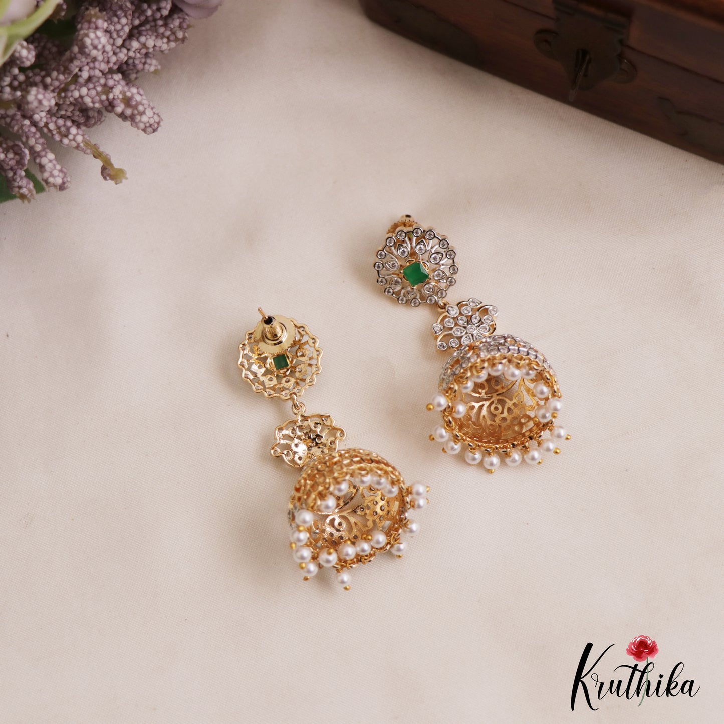 Elegant Floral Motifs AD Jhumkas With Pearl Drops E1098 (Available In 3 Colors)