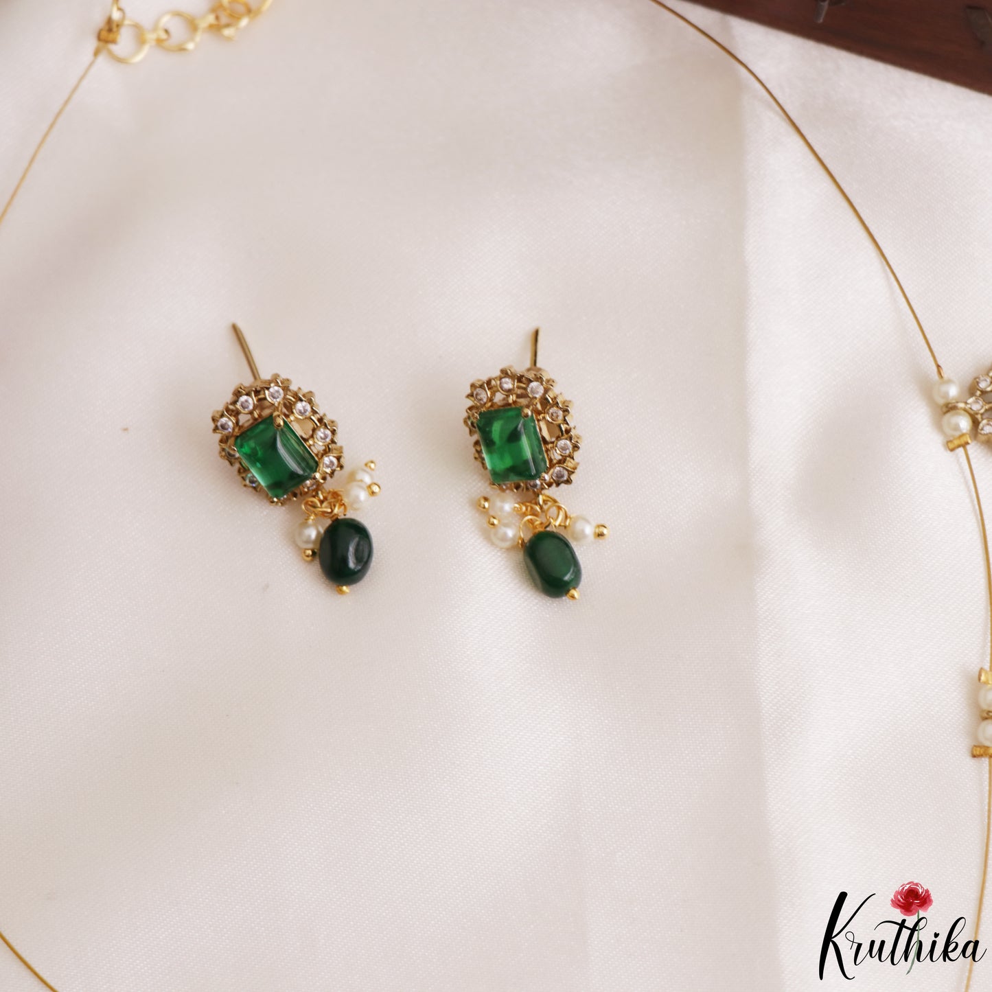 Trendy Floral Peacock Motifs CZ Invisible Chain With Green Bead Drops NC3249 (Available In 3 Colors)