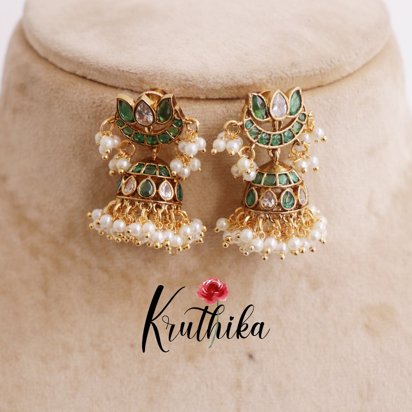 Beautiful Kemp Lotus Pearl Drop Jhumkas E686 (available in 3 Colors)