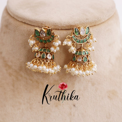 Beautiful Kemp Lotus Pearl Drop Jhumkas E686 (available in 3 Colors)