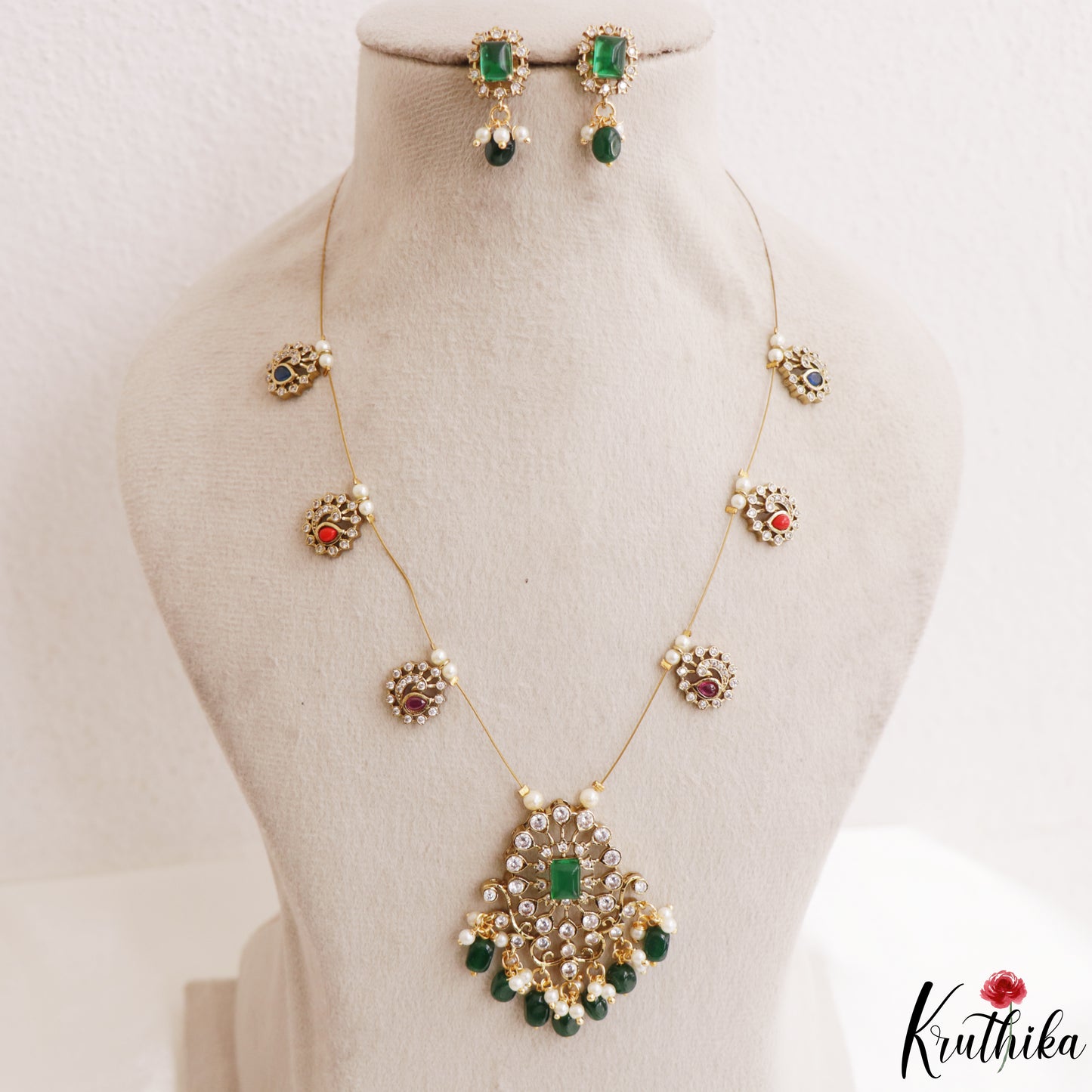 Trendy Floral Peacock Motifs CZ Invisible Chain With Green Bead Drops NC3249 (Available In 3 Colors)