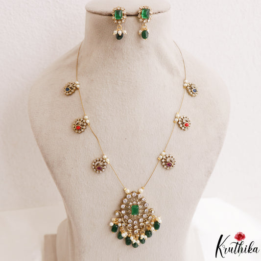 Trendy Floral Peacock Motifs CZ Invisible Chain With Green Bead Drops NC3249 (Available In 3 Colors)