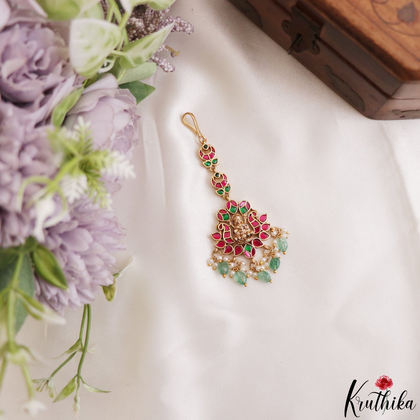 Elegant Antique Lakshmi Motifs Jadau Maang Tikka With Golden Bead Drops MT404 (Available In 4 Colors)