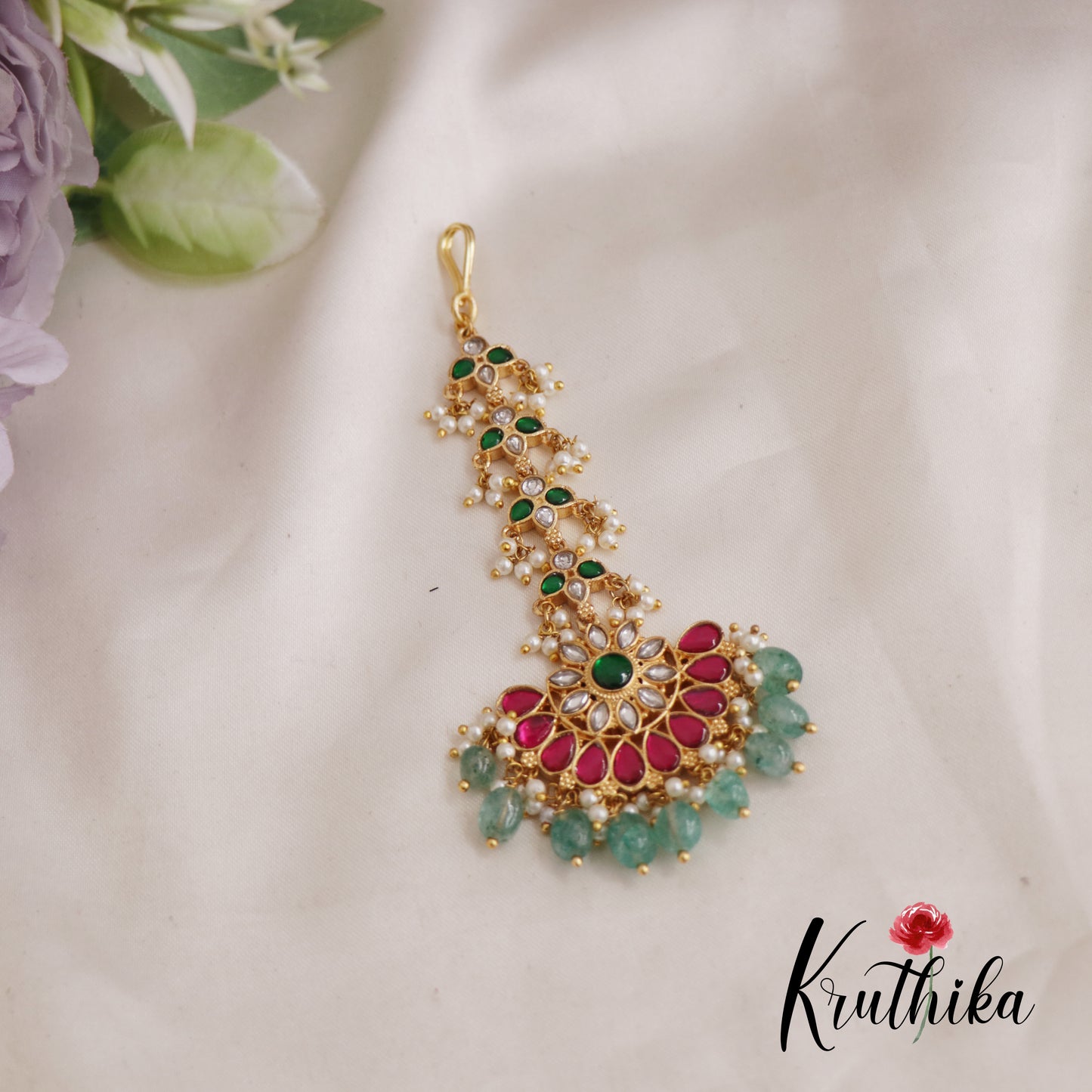 Gorgeous Floral Jadau Maang Tikka With Bead And Pearl Drops MT317